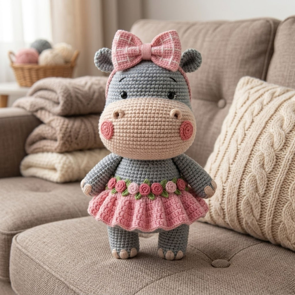 Crochet Hippo Plush, Handmade Amigurumi Hippo Doll with Pink Bow Skirt, Cute Safari Animal Nursery Decor Gift for Kids Collectors Shelf Toys