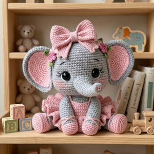 Crochet Baby Elephant Plush, Handmade Amigurumi Elephant Doll with Pink Bow Tutu Dress, Cute Nursery Decor Gift for Baby Kids Collectors Toy