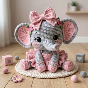 Crochet Baby Elephant Plush, Handmade Amigurumi Elephant Doll with Pink Bow Tutu Dress, Cute Nursery Decor Gift for Baby Kids Collectors Toy