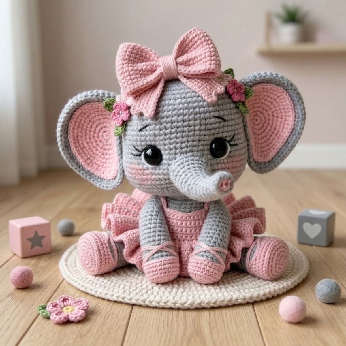 Crochet Baby Elephant Plush, Handmade Amigurumi Elephant Doll with Pink Bow Tutu Dress, Cute Nursery Decor Gift for Baby Kids Collectors Toy