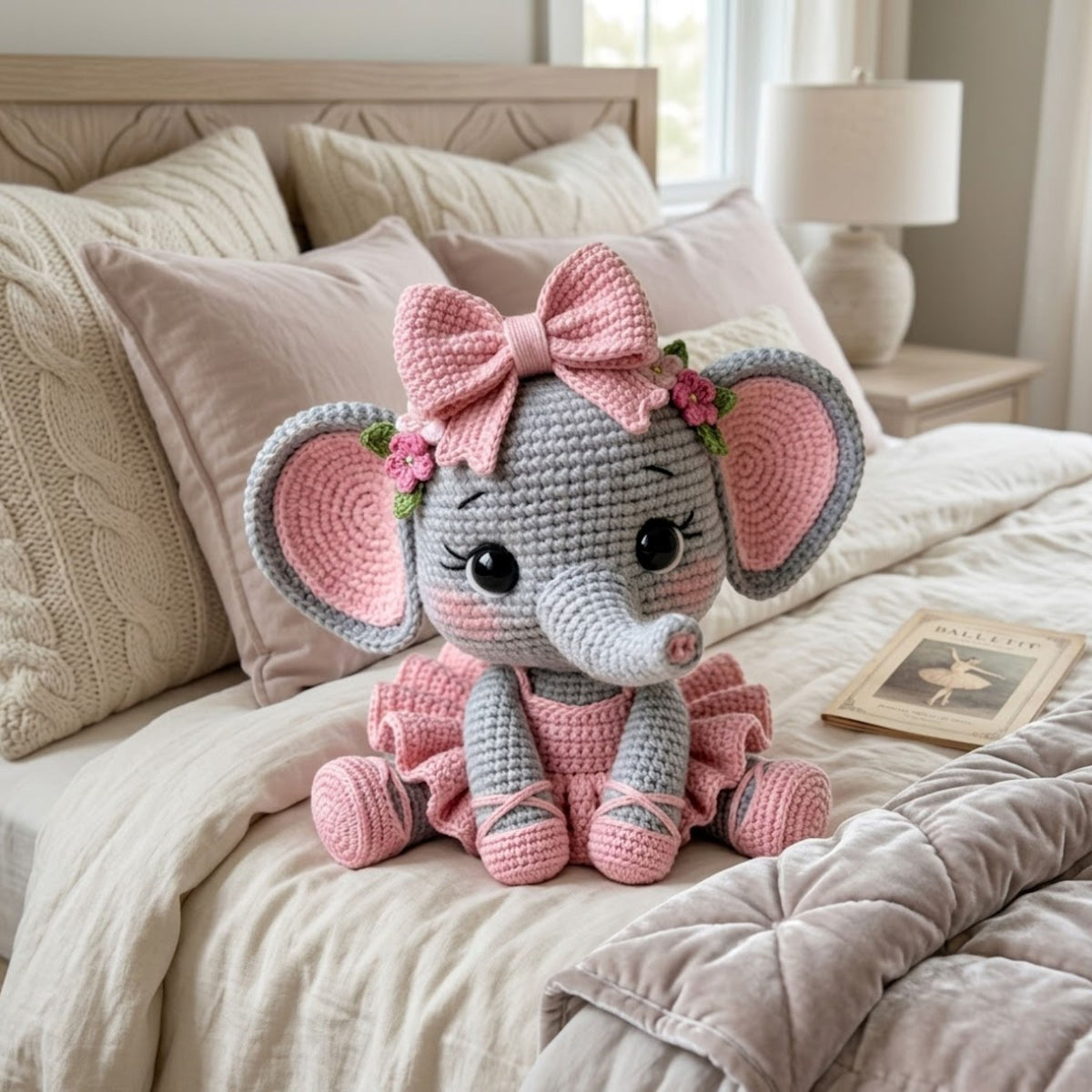 Crochet Baby Elephant Plush, Handmade Amigurumi Elephant Doll with Pink Bow Tutu Dress, Cute Nursery Decor Gift for Baby Kids Collectors Toy