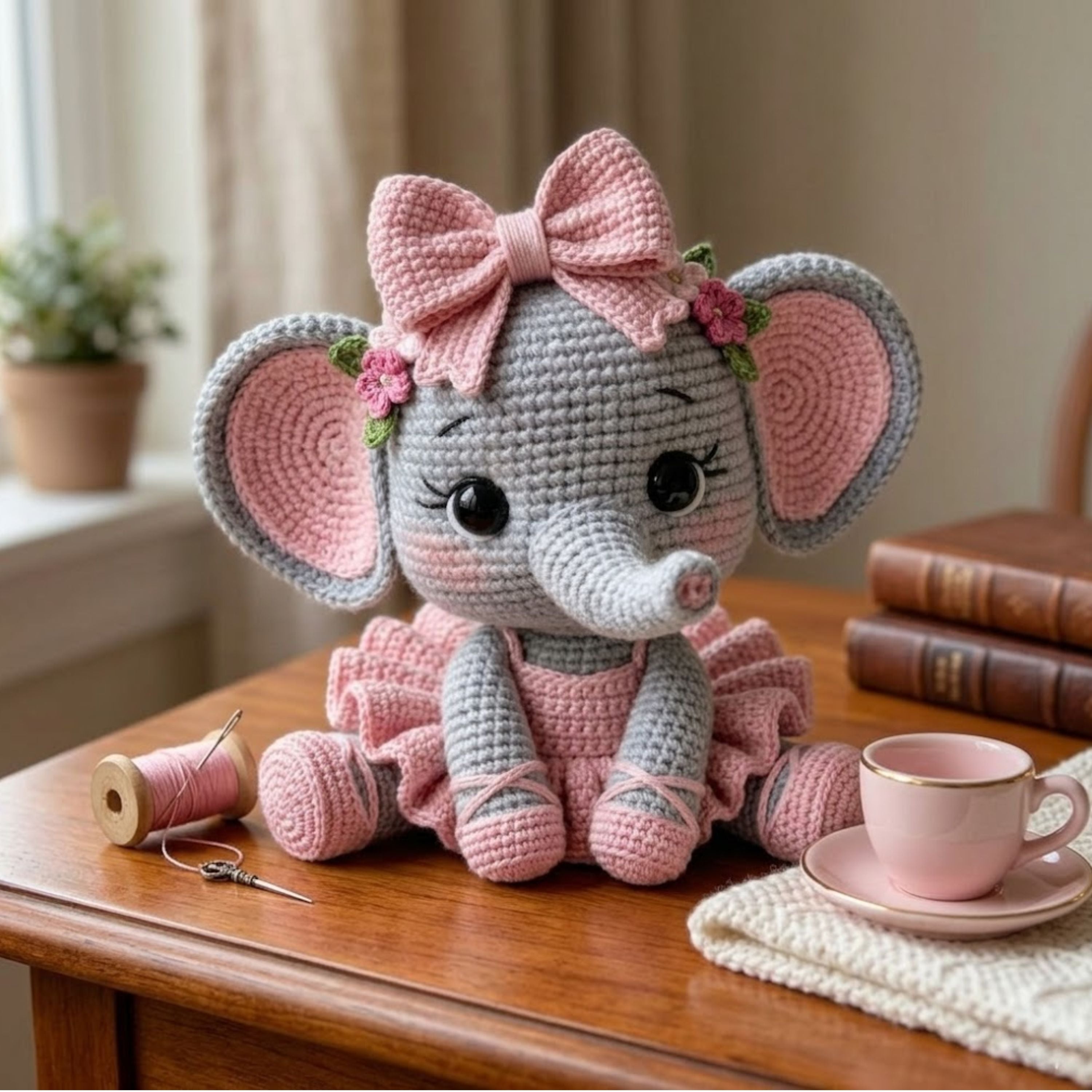 Crochet Baby Elephant Plush, Handmade Amigurumi Elephant Doll with Pink Bow Tutu Dress, Cute Nursery Decor Gift for Baby Kids Collectors Toy