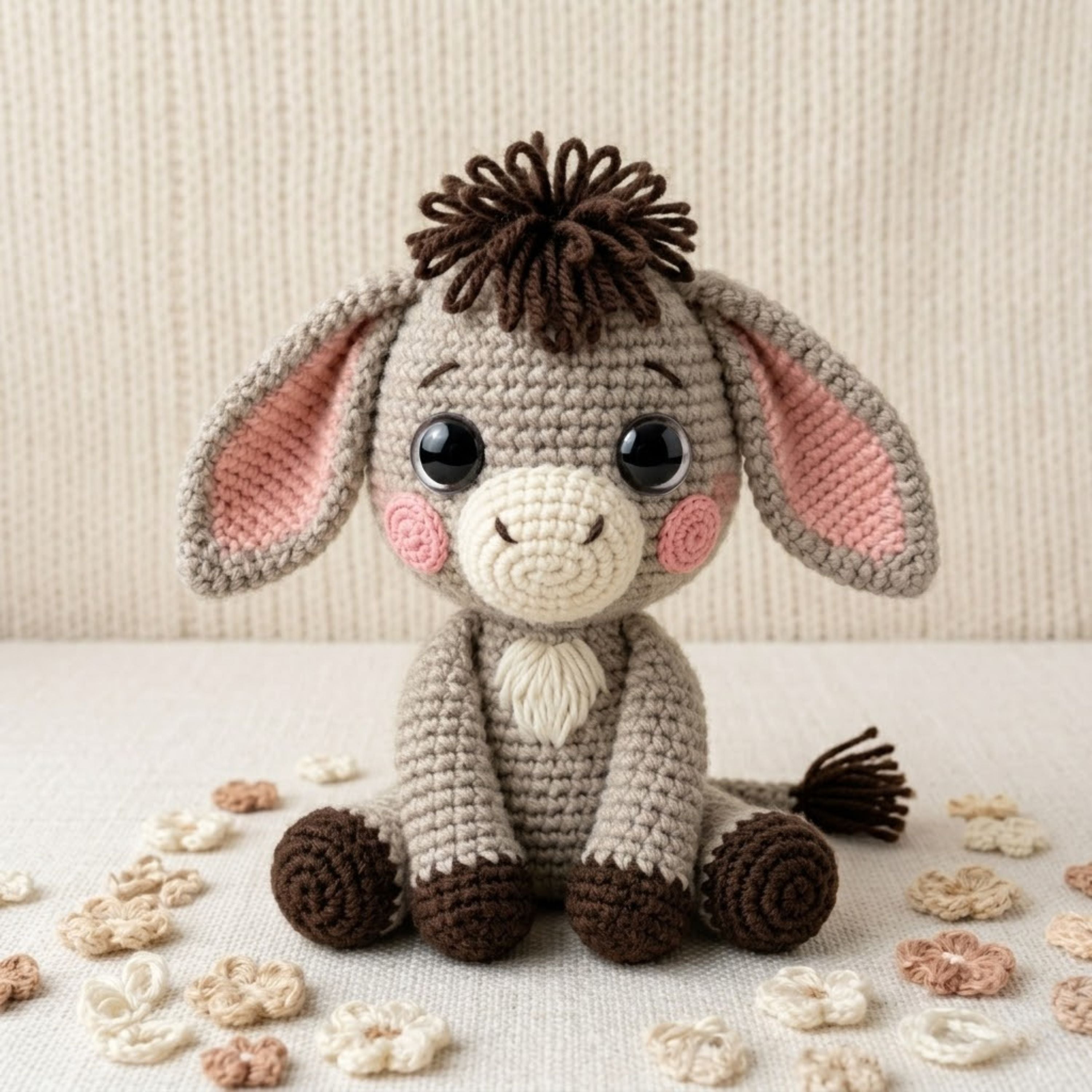 Crochet Baby Donkey Plush, Handmade Amigurumi Donkey Doll with Floppy Ears, Cute Farm Animal Nursery Decor Gift for Kids Collectors Room Toy
