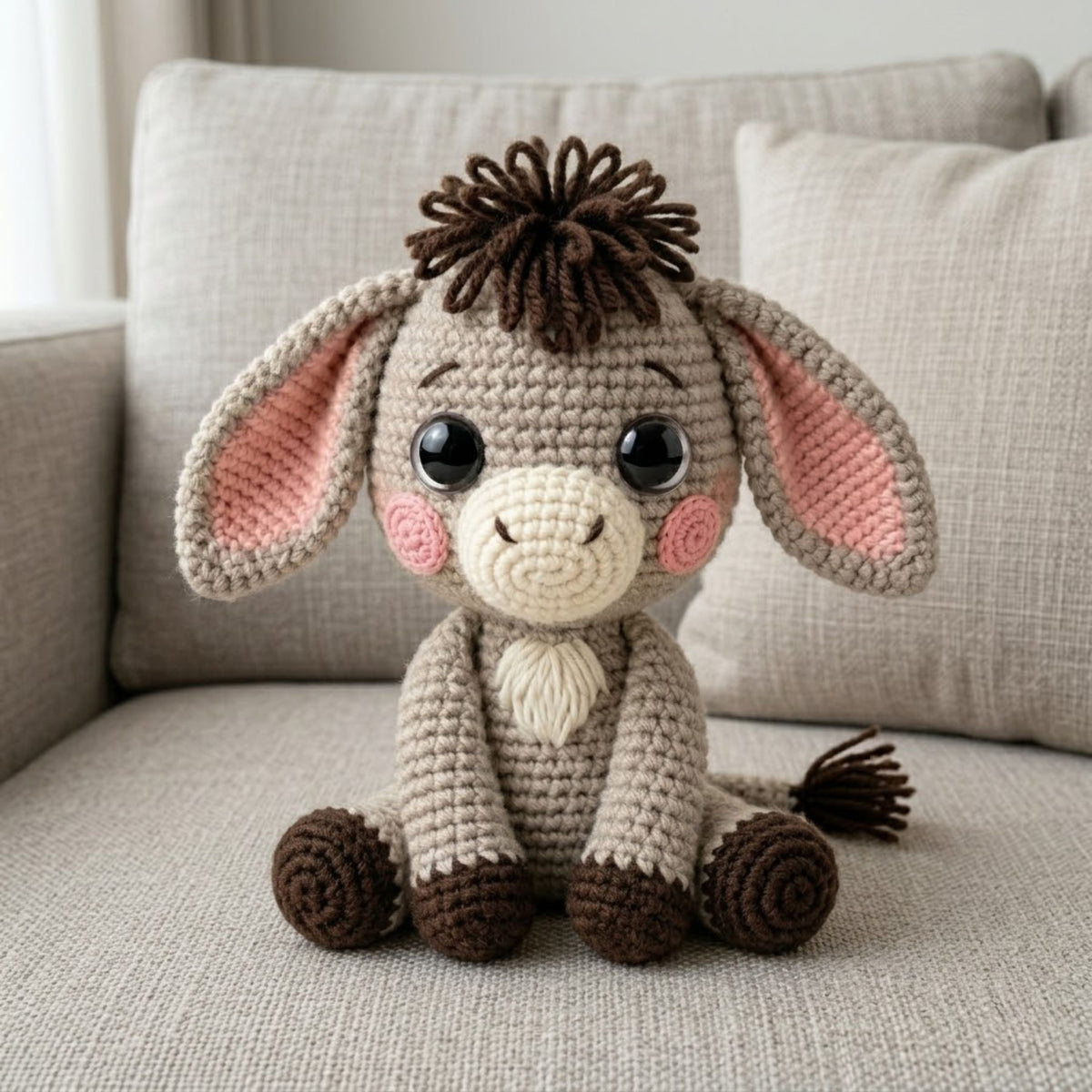 Crochet Baby Donkey Plush, Handmade Amigurumi Donkey Doll with Floppy Ears, Cute Farm Animal Nursery Decor Gift for Kids Collectors Room Toy