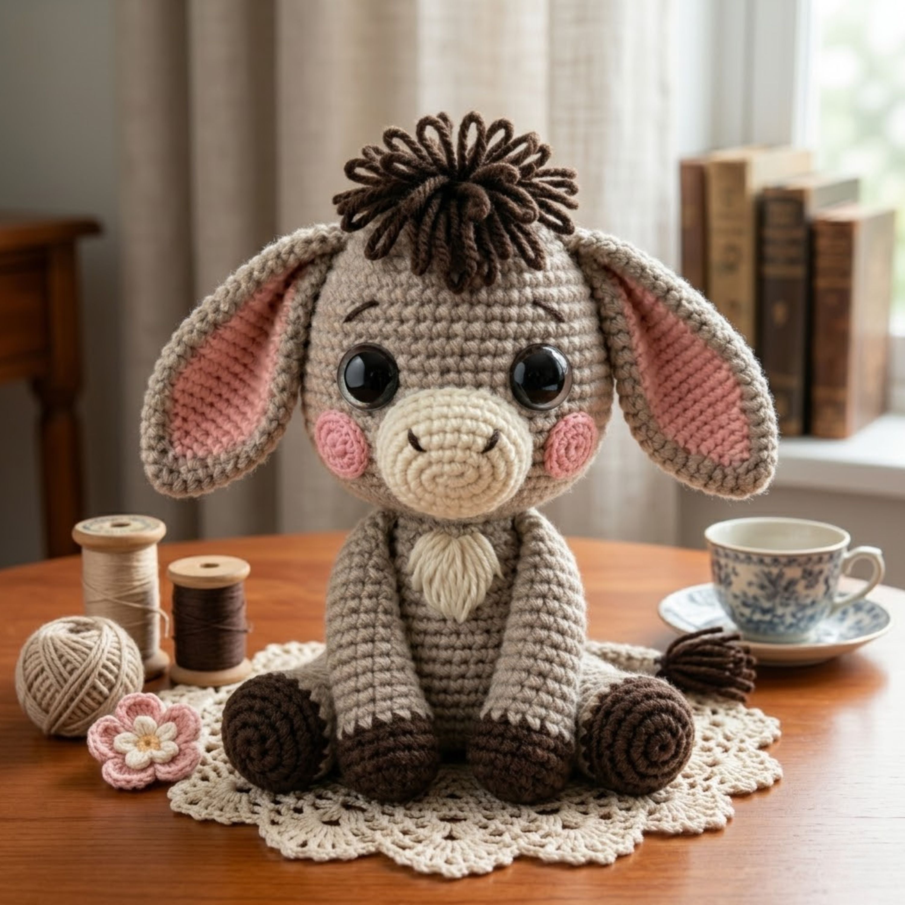 Crochet Baby Donkey Plush, Handmade Amigurumi Donkey Doll with Floppy Ears, Cute Farm Animal Nursery Decor Gift for Kids Collectors Room Toy