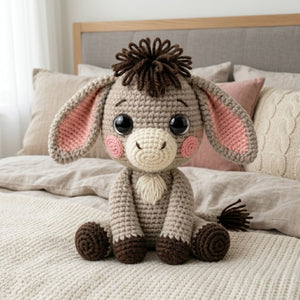 Crochet Baby Donkey Plush, Handmade Amigurumi Donkey Doll with Floppy Ears, Cute Farm Animal Nursery Decor Gift for Kids Collectors Room Toy