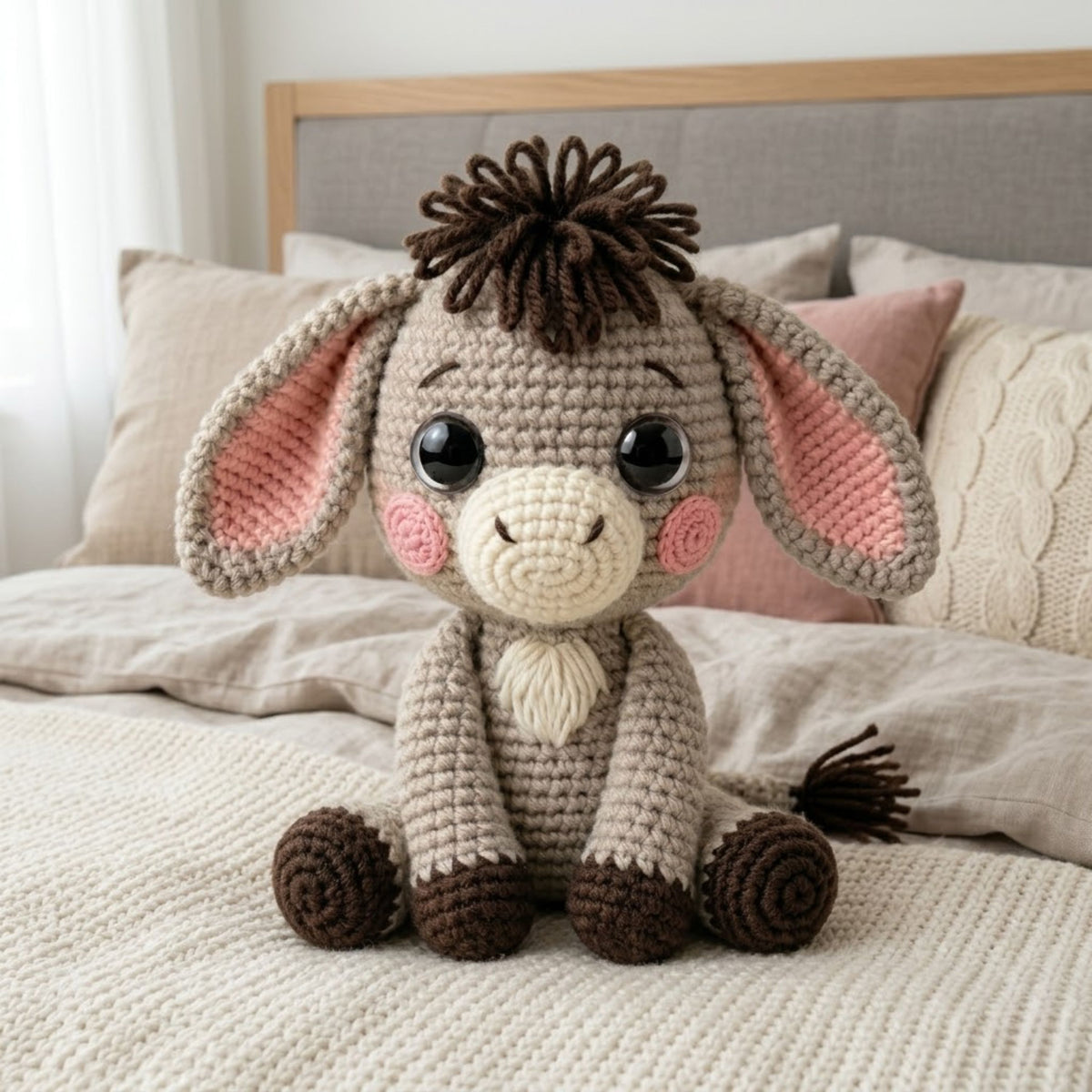 Crochet Baby Donkey Plush, Handmade Amigurumi Donkey Doll with Floppy Ears, Cute Farm Animal Nursery Decor Gift for Kids Collectors Room Toy