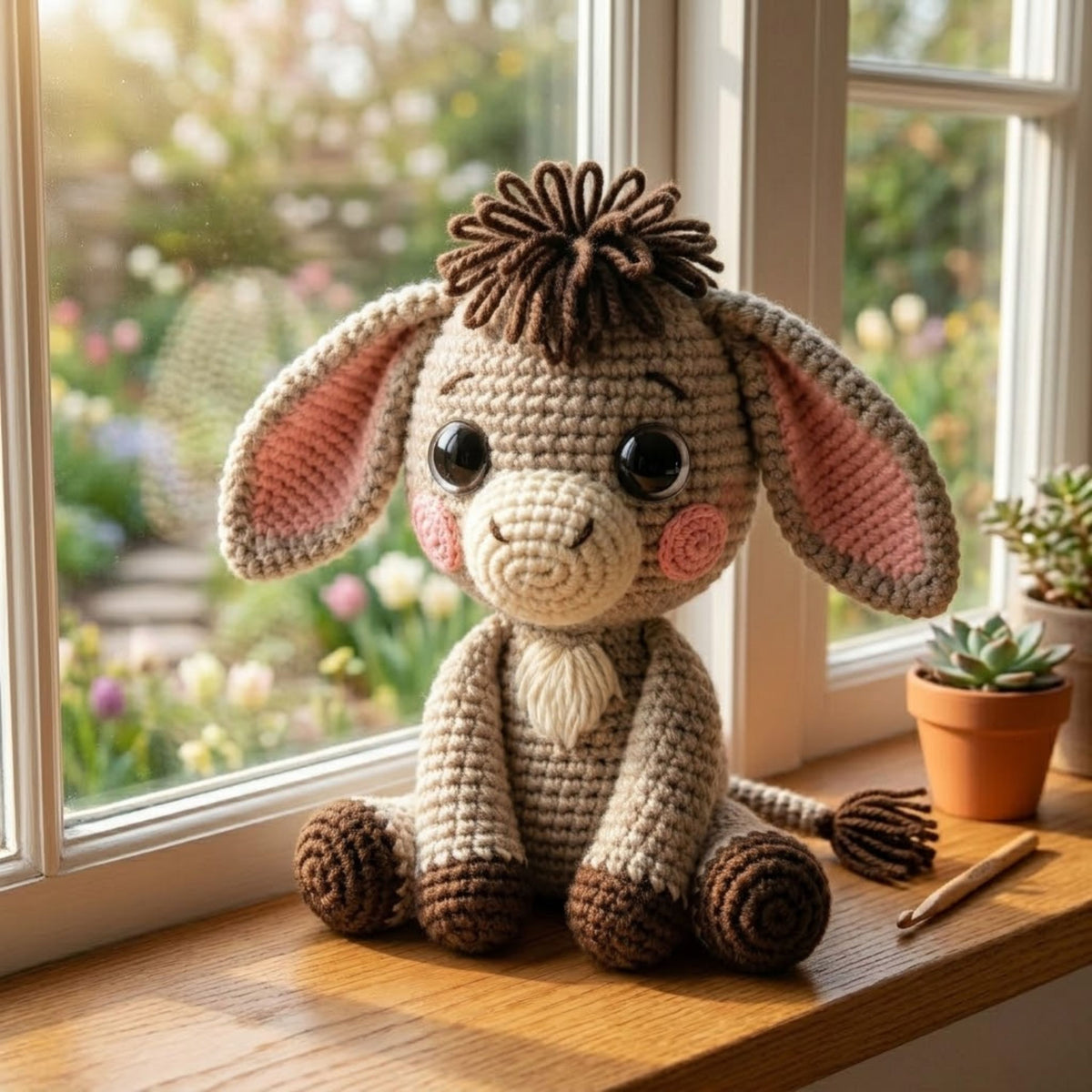 Crochet Baby Donkey Plush, Handmade Amigurumi Donkey Doll with Floppy Ears, Cute Farm Animal Nursery Decor Gift for Kids Collectors Room Toy