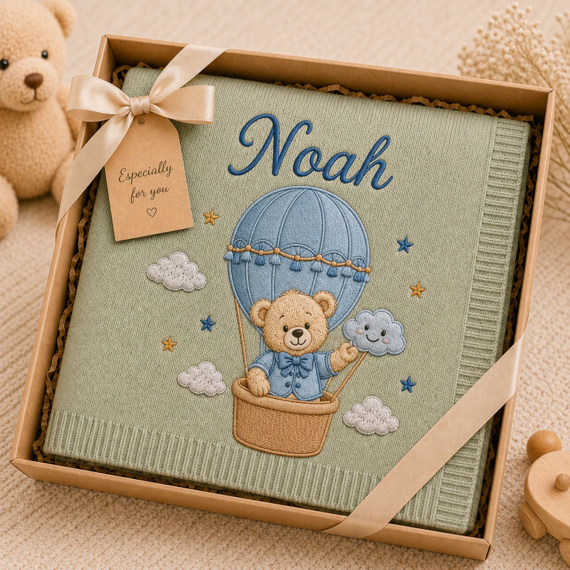 Personalized Teddy Bear Hot Air Balloon Baby Blanket, Custom Name Embroidered Knit Blanket, Welcome Baby Nursery Blanket, Newborn Gift