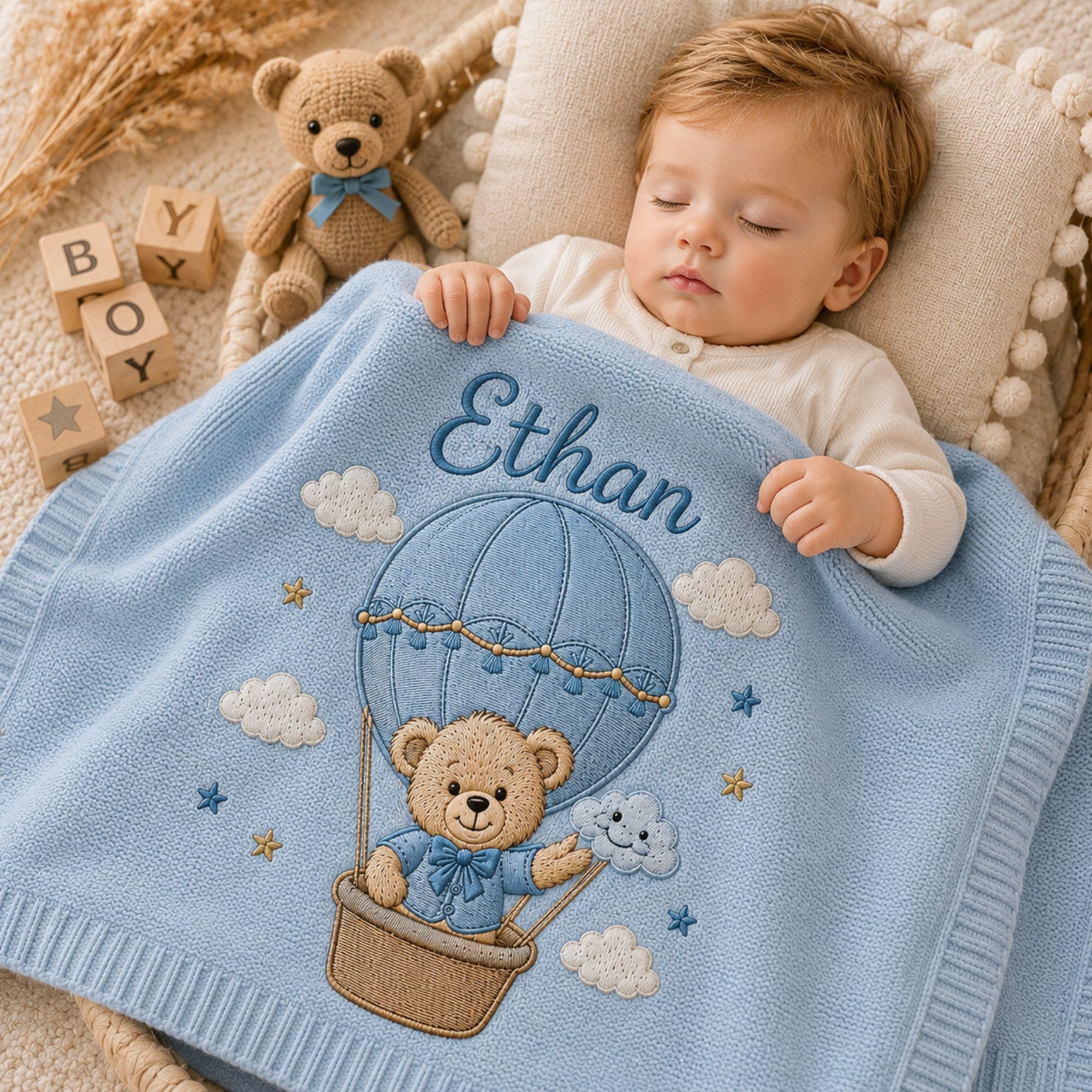 Personalized Teddy Bear Hot Air Balloon Baby Blanket, Custom Name Embroidered Knit Blanket, Welcome Baby Nursery Blanket, Newborn Gift
