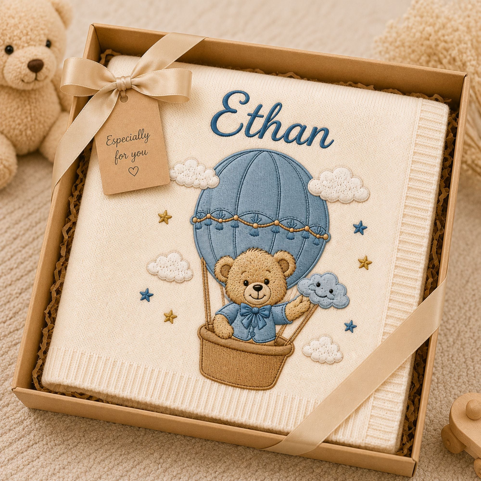 Personalized Teddy Bear Hot Air Balloon Baby Blanket, Custom Name Embroidered Knit Blanket, Welcome Baby Nursery Blanket, Newborn Gift