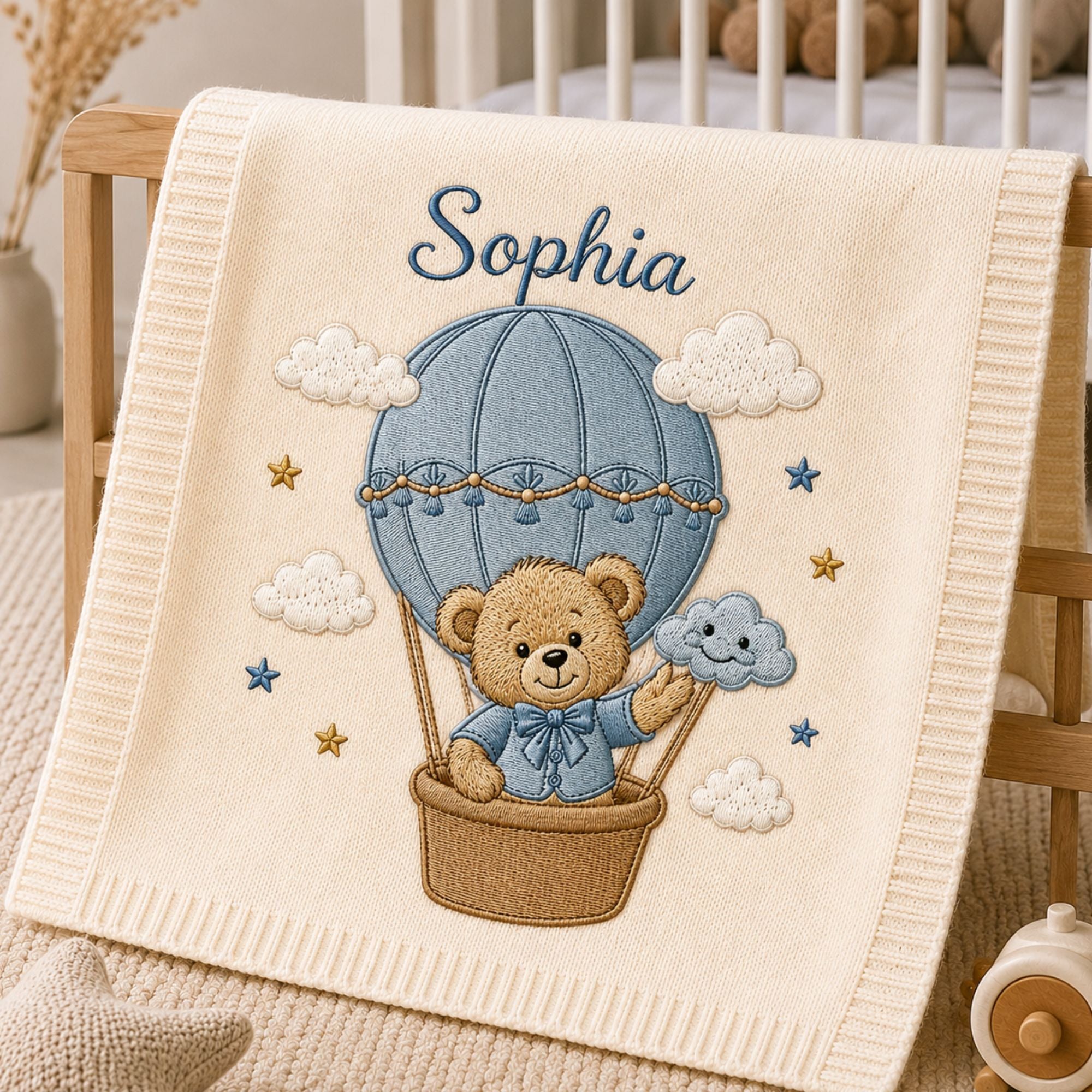 Personalized Teddy Bear Hot Air Balloon Baby Blanket, Custom Name Embroidered Knit Blanket, Welcome Baby Nursery Blanket, Newborn Gift