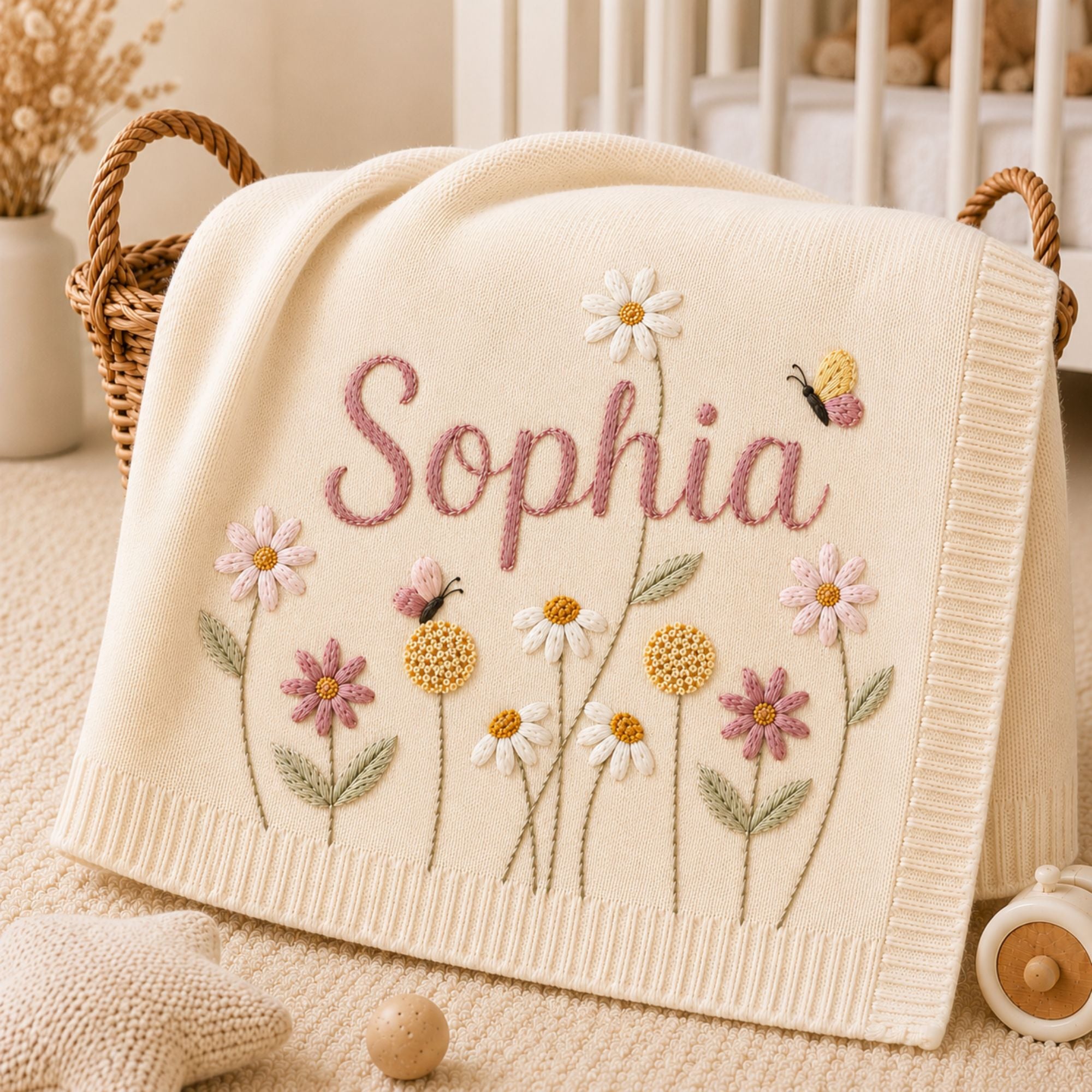 Custom Embroidered Name Blanket with Butterflies and Wildflowers, Welcome Baby Blanket, Butterfly Floral Knit Blanket, Newborn Gift