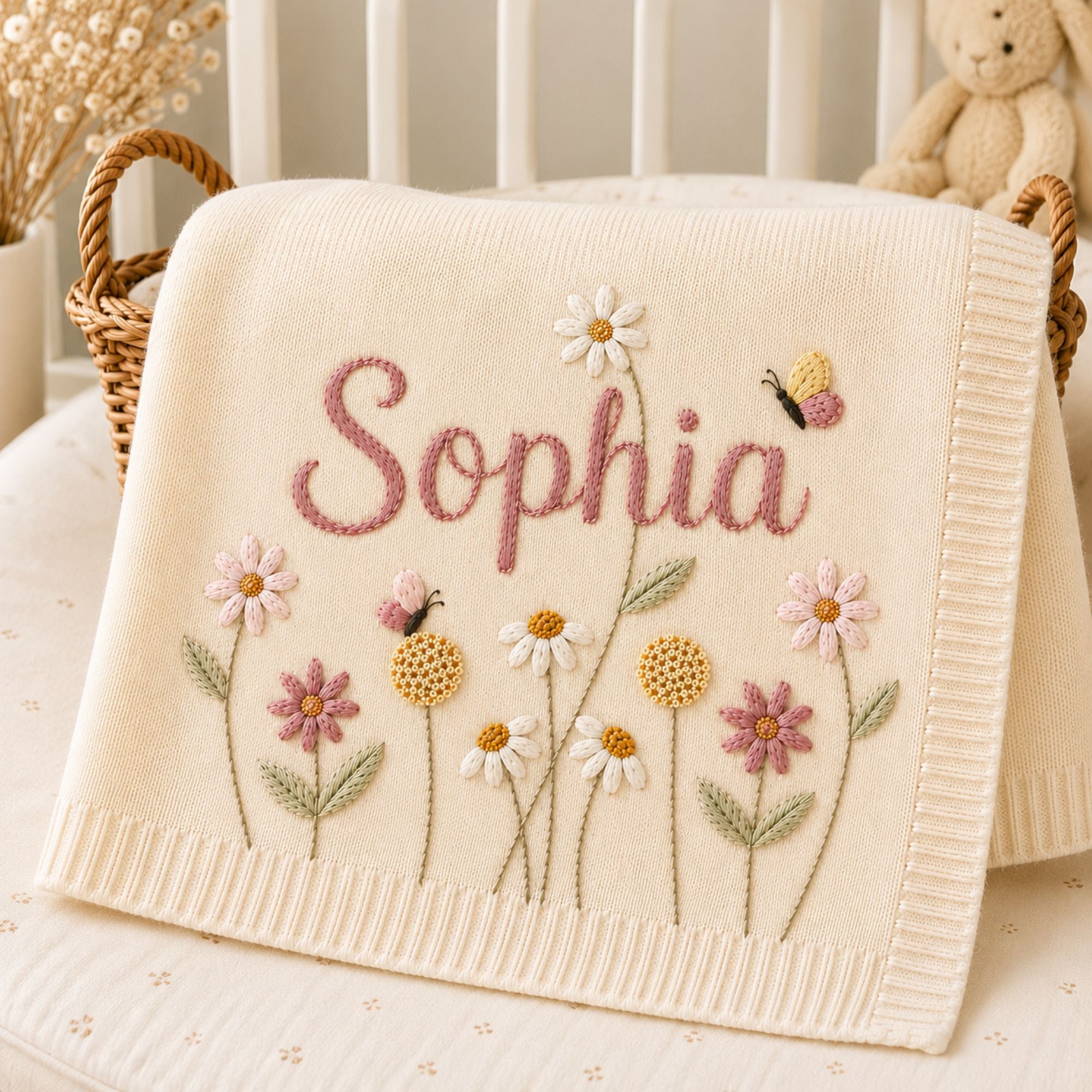 Custom Embroidered Name Blanket with Butterflies and Wildflowers, Welcome Baby Blanket, Butterfly Floral Knit Blanket, Newborn Gift