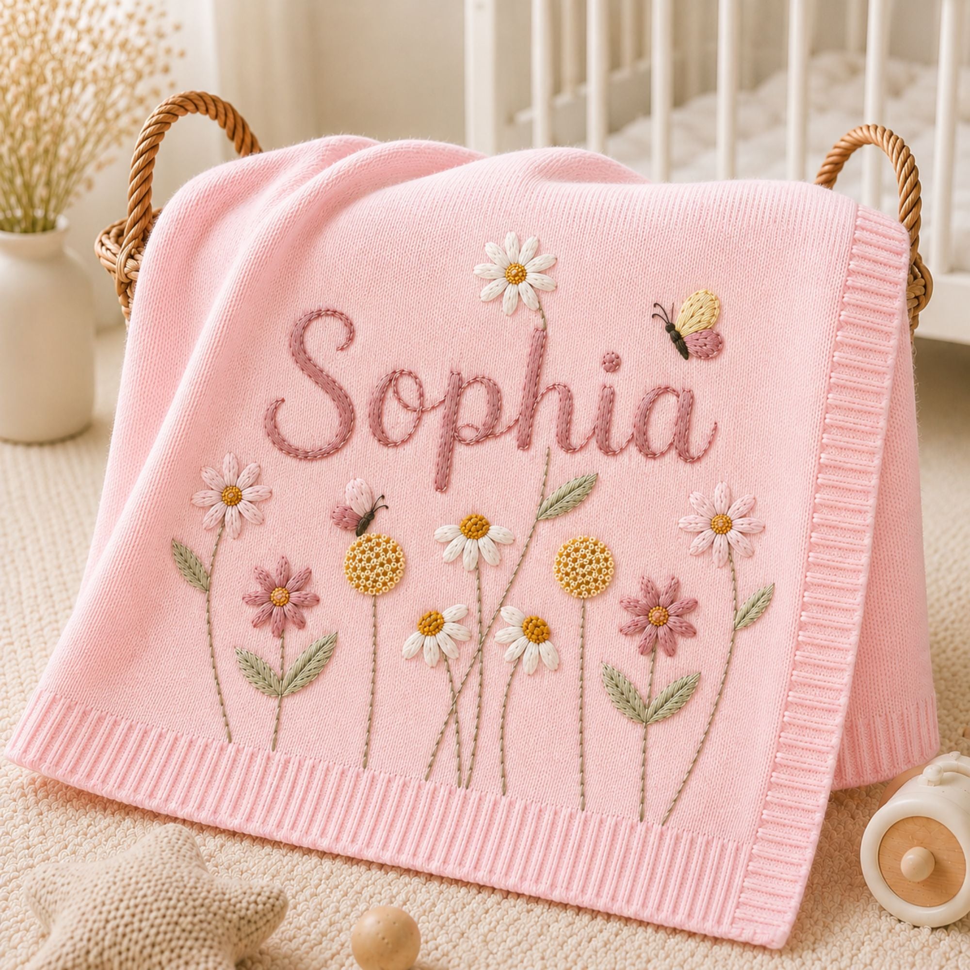 Custom Embroidered Name Blanket with Butterflies and Wildflowers, Welcome Baby Blanket, Butterfly Floral Knit Blanket, Newborn Gift