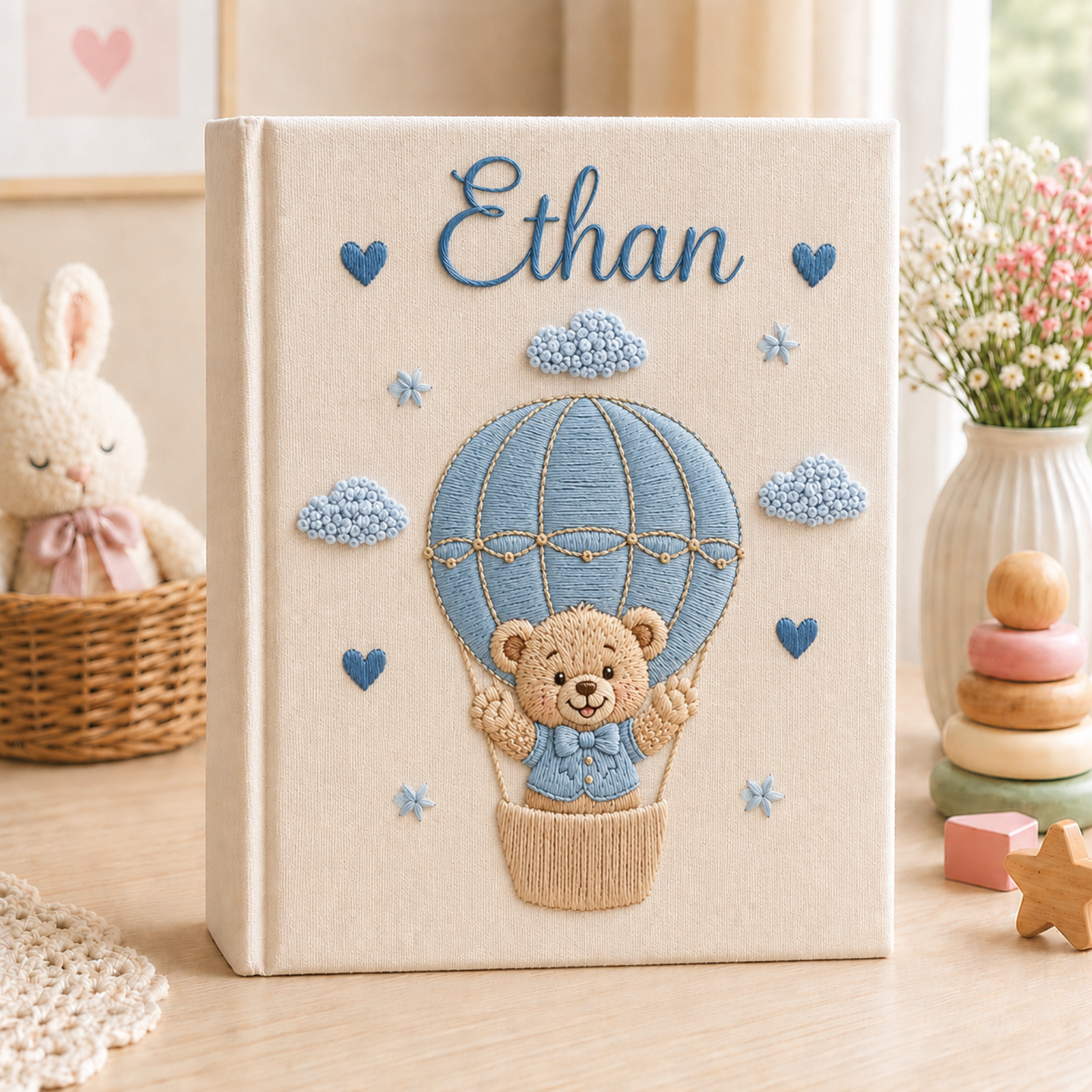 Personalized Baby Photo Album, Hand Embroidered Dinosaur Memory Book, Custom Name Keepsake, Woodland Nursery Gift, Newborn, Baby Shower Gift