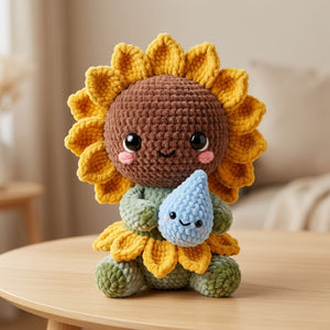 Cute Crochet Sunflower Doll Holding Water Drop Amigurumi Plush Handmade Sunflower Toy Gift for Plant Lovers Nursery Decor