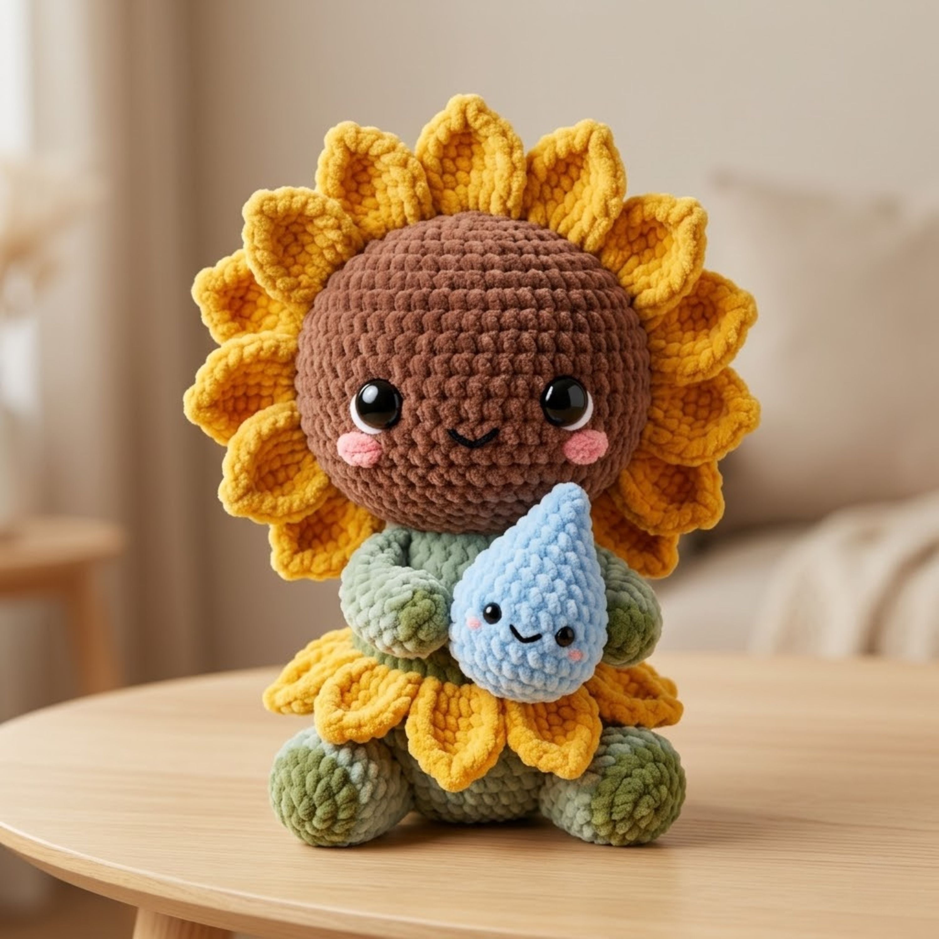 Cute Crochet Sunflower Doll Holding Water Drop Amigurumi Plush Handmade Sunflower Toy Gift for Plant Lovers Nursery Decor