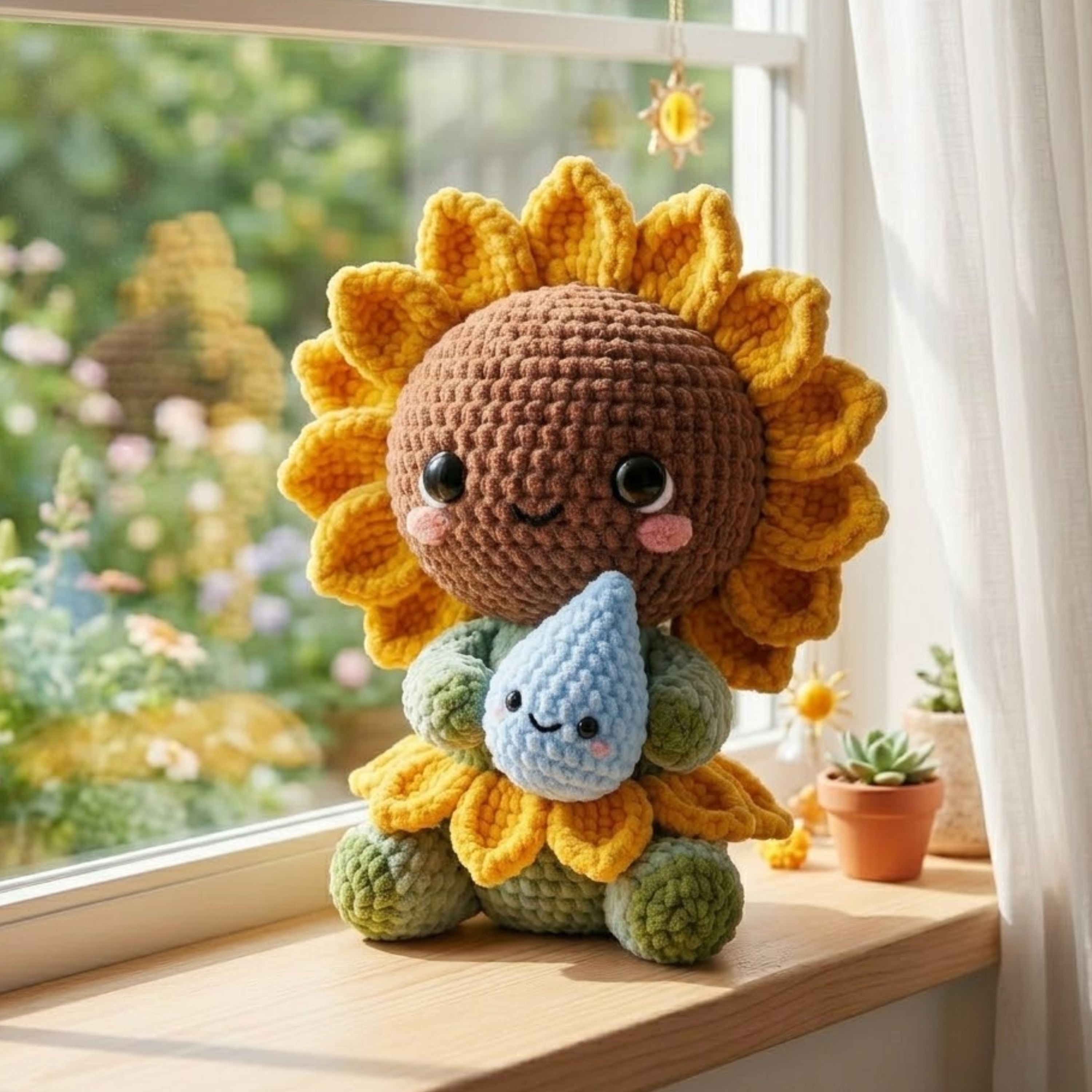 Cute Crochet Sunflower Doll Holding Water Drop Amigurumi Plush Handmade Sunflower Toy Gift for Plant Lovers Nursery Decor