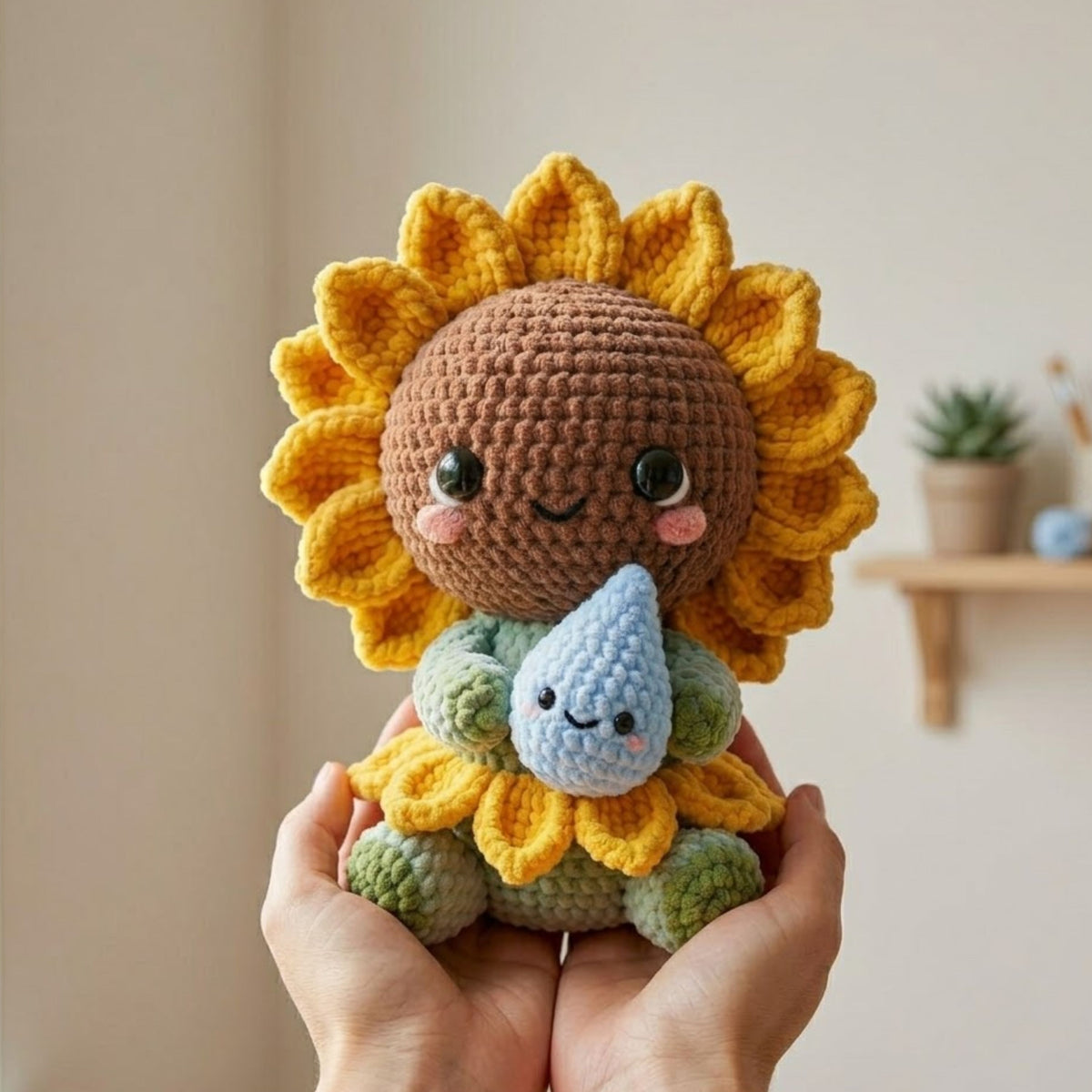 Cute Crochet Sunflower Doll Holding Water Drop Amigurumi Plush Handmade Sunflower Toy Gift for Plant Lovers Nursery Decor