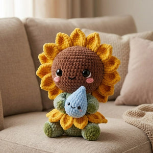 Cute Crochet Sunflower Doll Holding Water Drop Amigurumi Plush Handmade Sunflower Toy Gift for Plant Lovers Nursery Decor