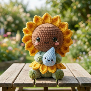 Cute Crochet Sunflower Doll Holding Water Drop Amigurumi Plush Handmade Sunflower Toy Gift for Plant Lovers Nursery Decor