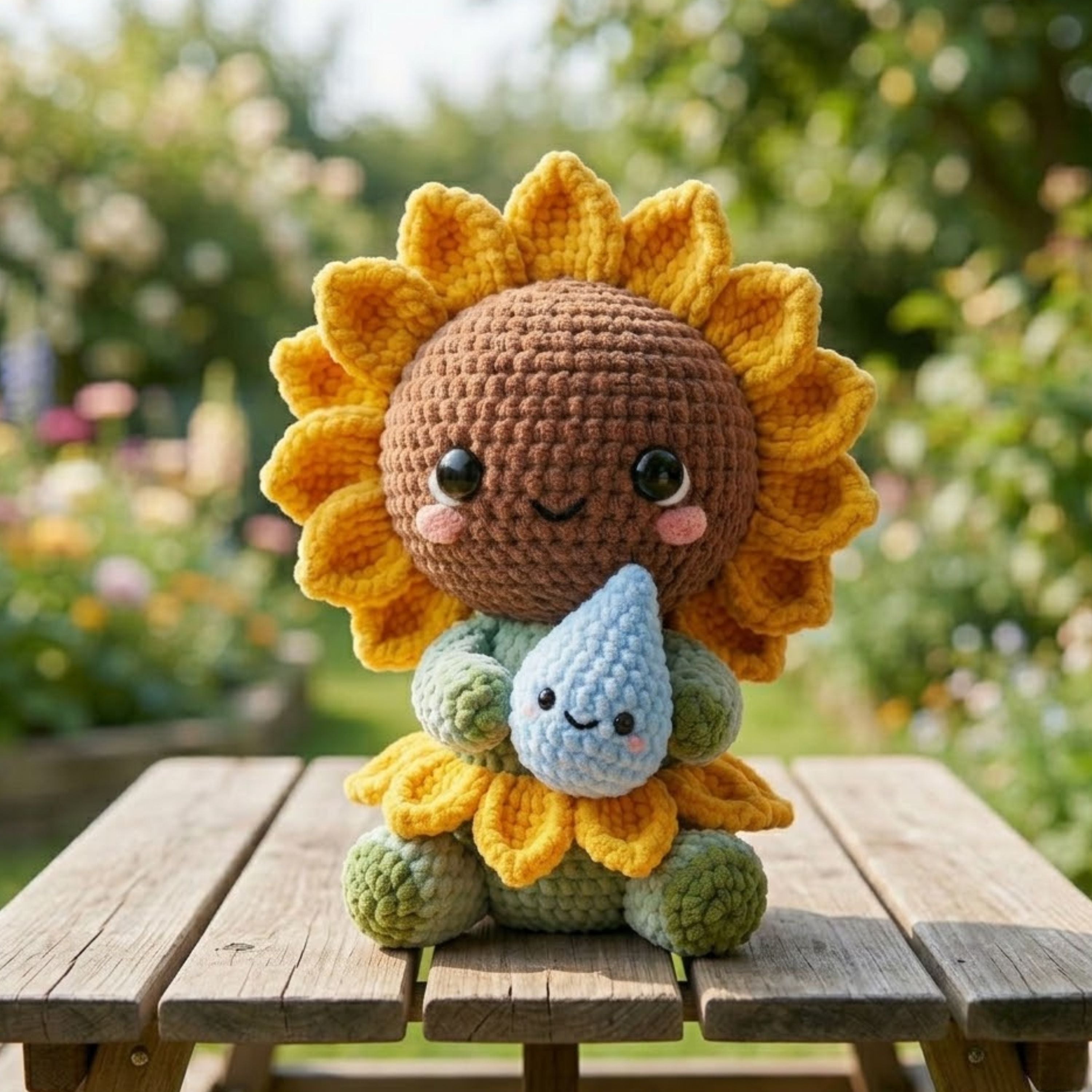 Cute Crochet Sunflower Doll Holding Water Drop Amigurumi Plush Handmade Sunflower Toy Gift for Plant Lovers Nursery Decor