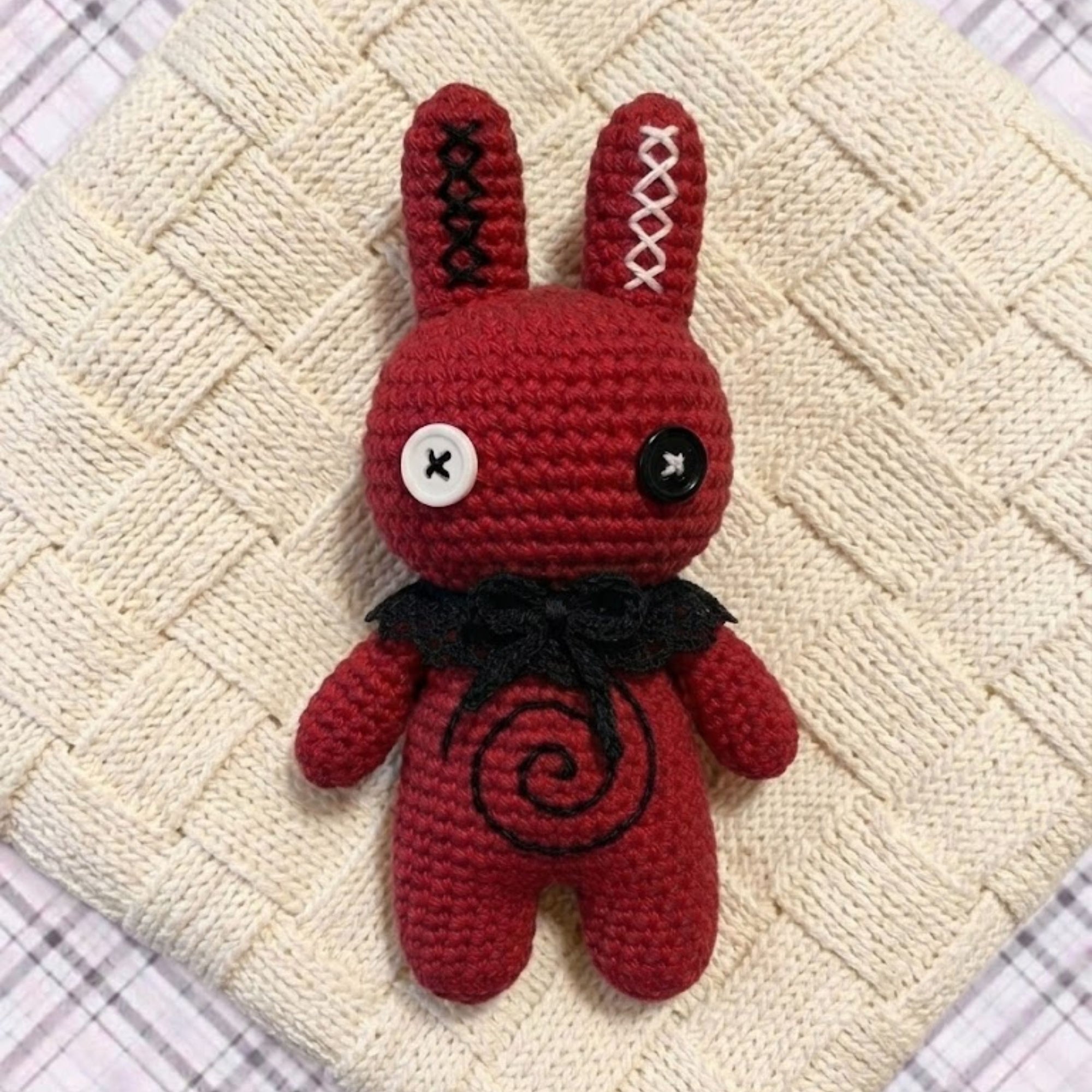Gothic Crochet Bunny Doll Amigurumi Plush Handmade Red Rabbit Toy Creepy Cute Goth Decor Halloween Gift for Alternative Fans