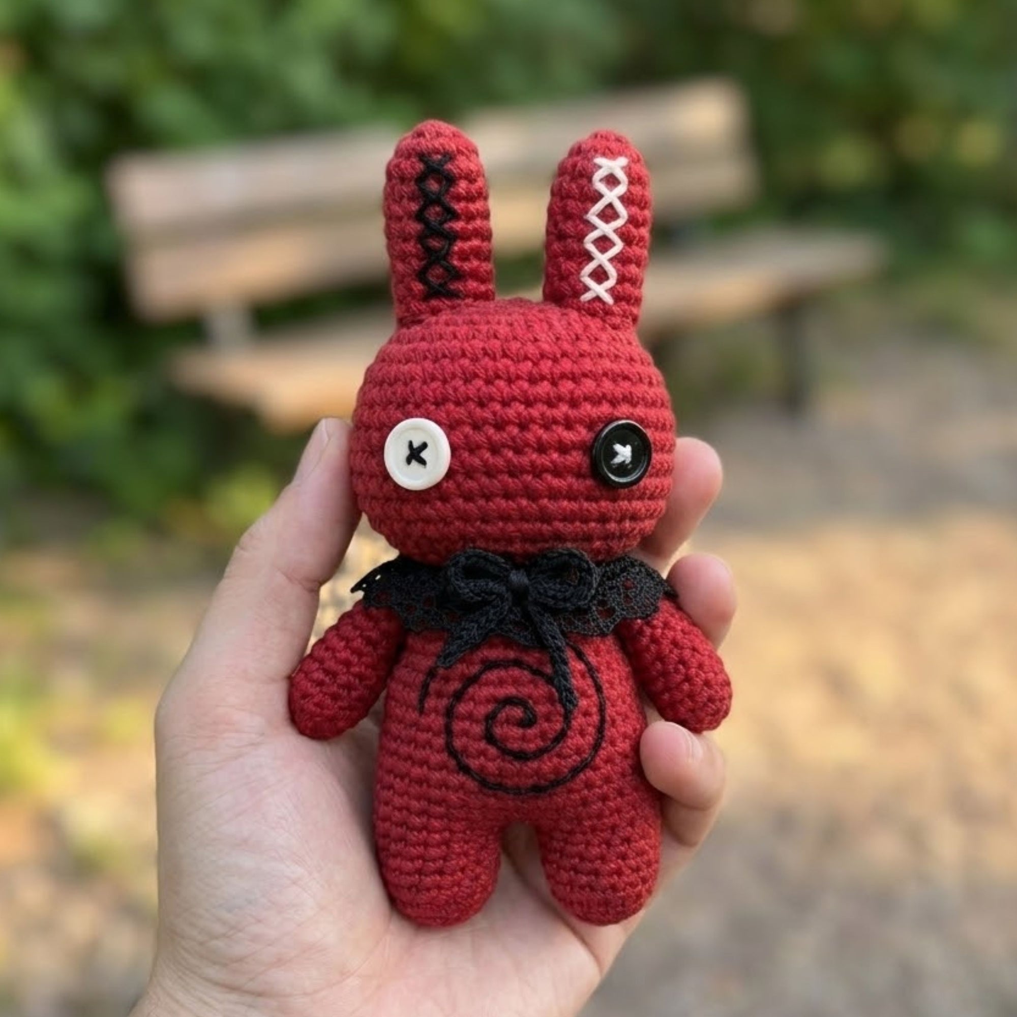 Gothic Crochet Bunny Doll Amigurumi Plush Handmade Red Rabbit Toy Creepy Cute Goth Decor Halloween Gift for Alternative Fans