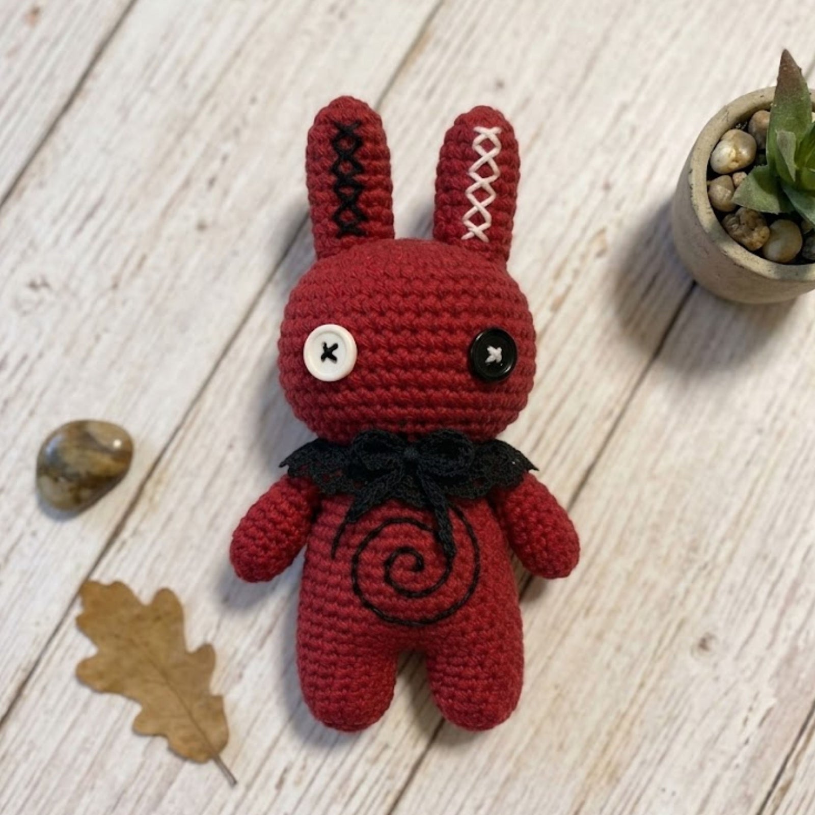 Gothic Crochet Bunny Doll Amigurumi Plush Handmade Red Rabbit Toy Creepy Cute Goth Decor Halloween Gift for Alternative Fans