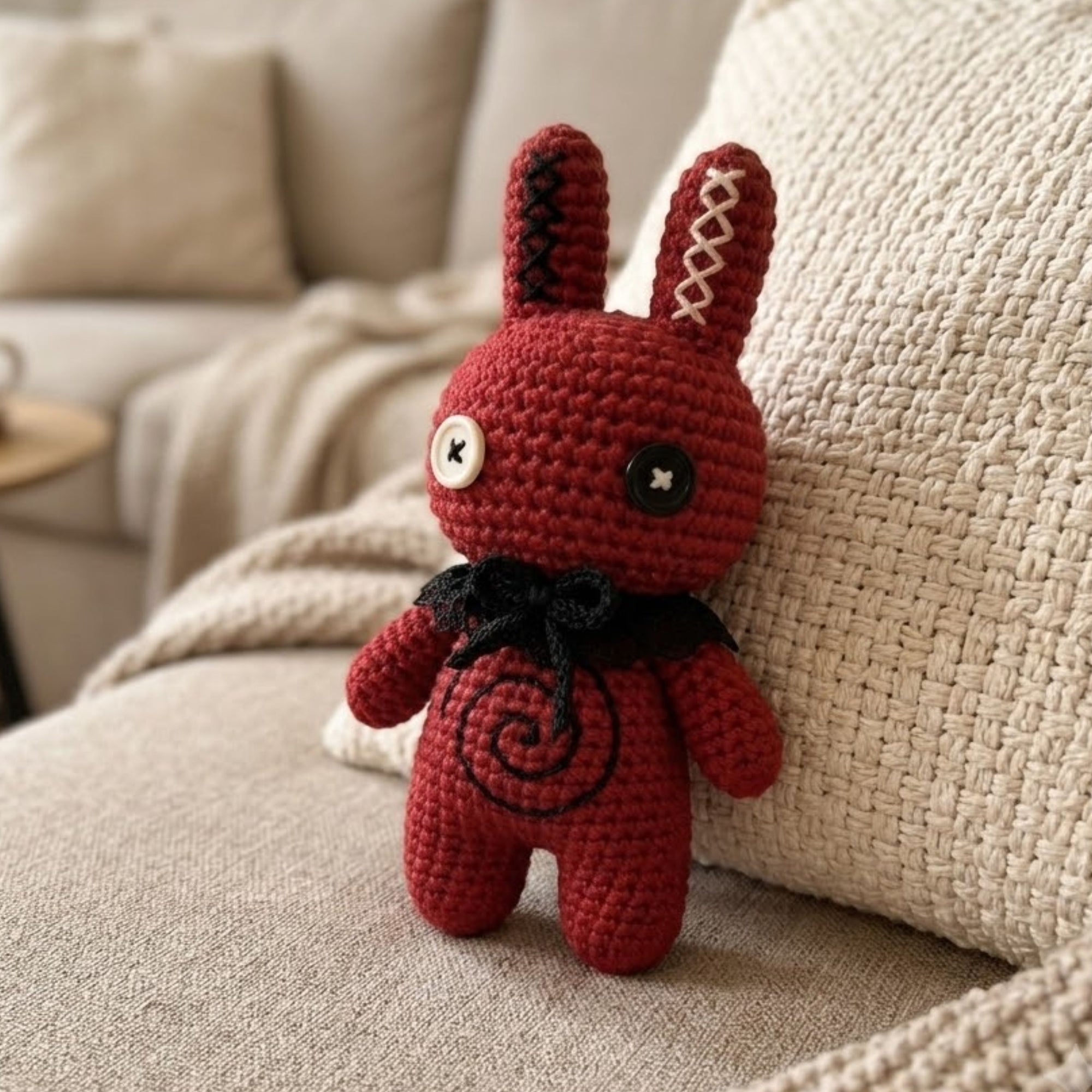 Gothic Crochet Bunny Doll Amigurumi Plush Handmade Red Rabbit Toy Creepy Cute Goth Decor Halloween Gift for Alternative Fans