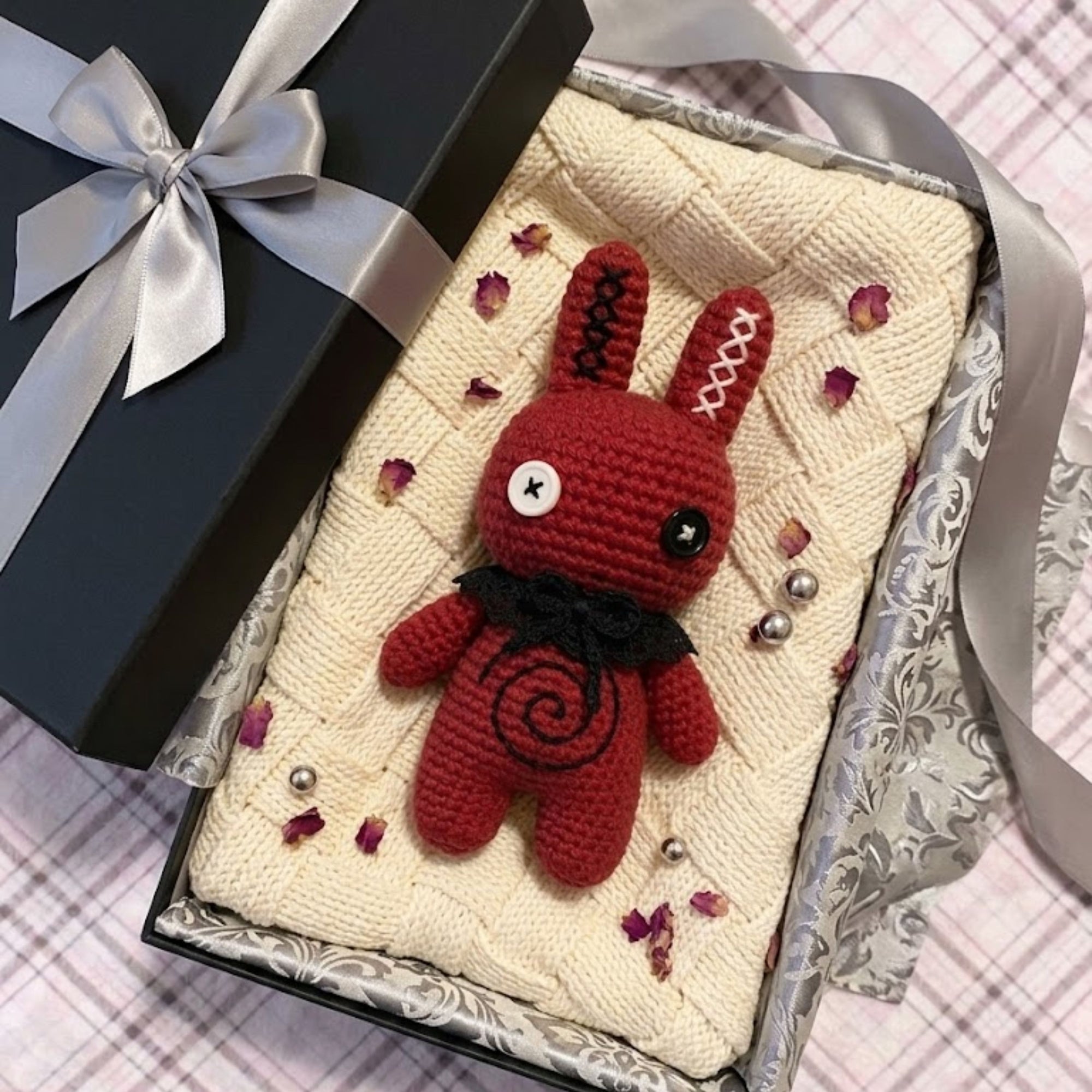 Gothic Crochet Bunny Doll Amigurumi Plush Handmade Red Rabbit Toy Creepy Cute Goth Decor Halloween Gift for Alternative Fans
