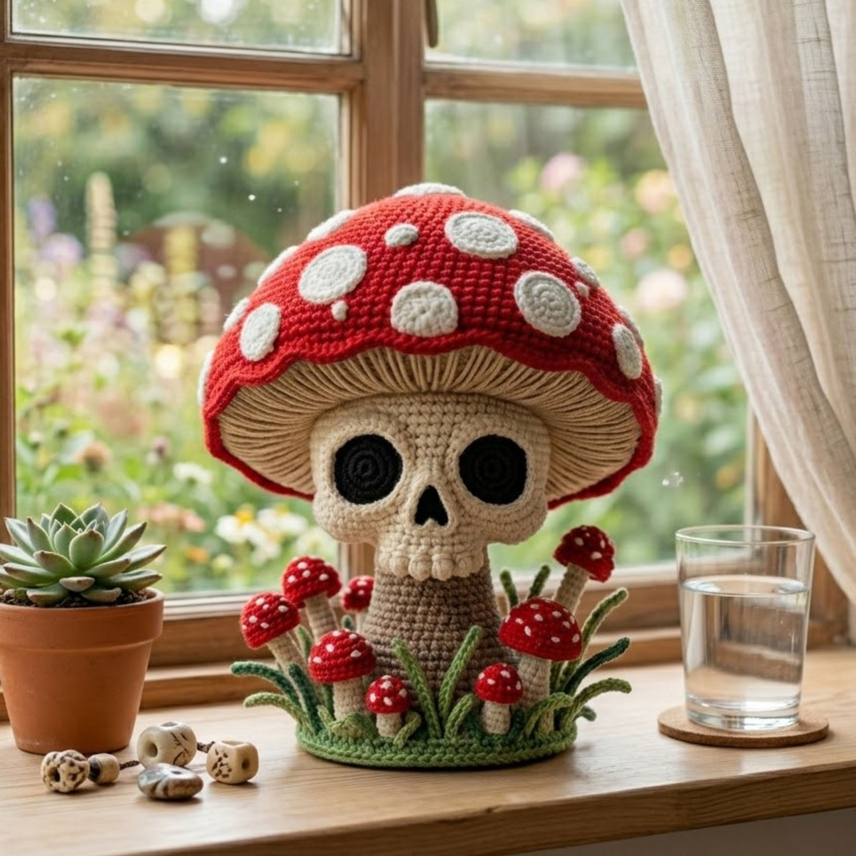 Crochet Skull Mushroom Amigurumi Plush Handmade Gothic Toadstool Decor Cute Skeleton Mushroom Gift Halloween Collectible