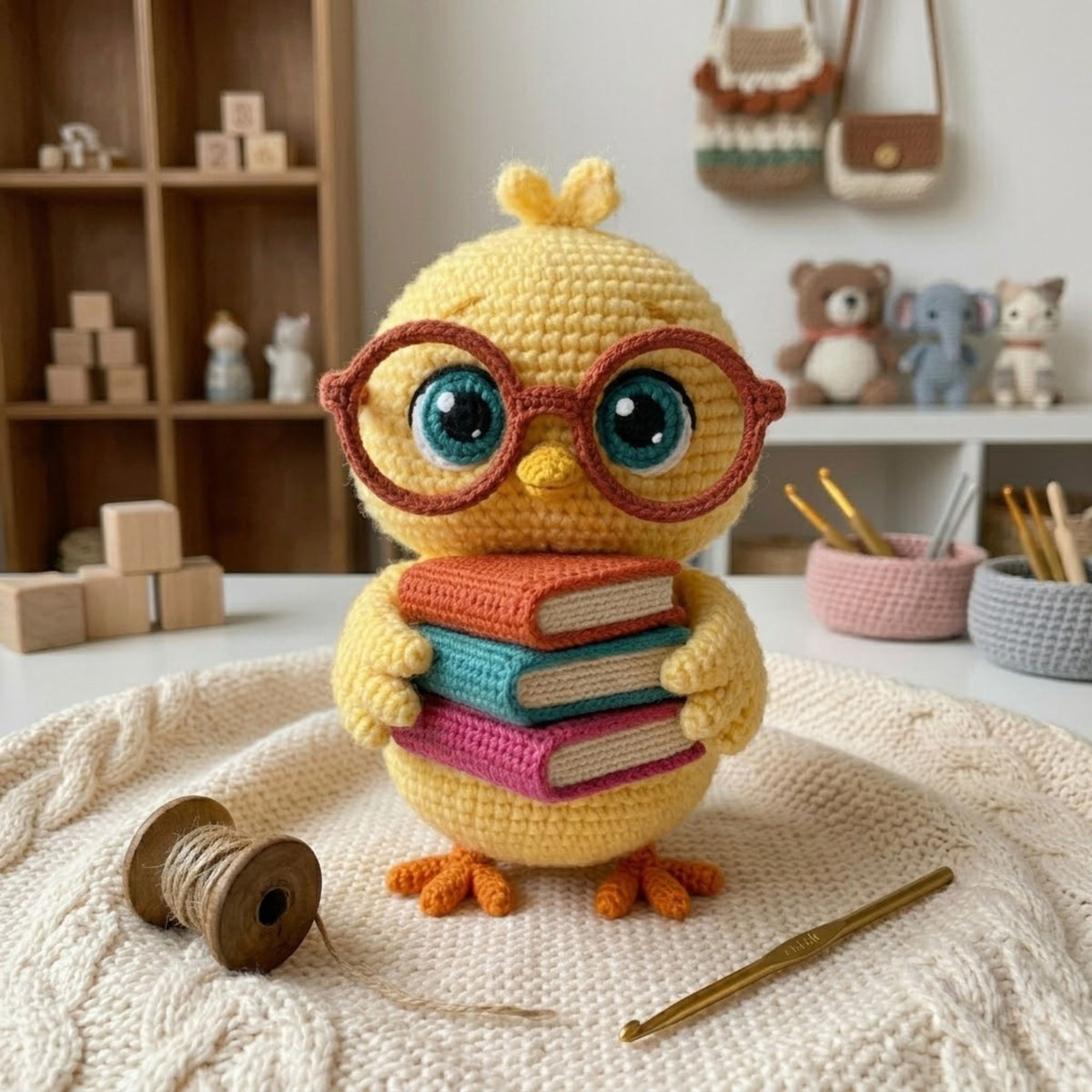 Adorably Nerdy Crochet Chick Plush with Glasses & Books - Handmade Amigurumi Bird Stuffed Toy, Perfect Book Lover Gift & Nursery Decor