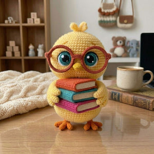 Adorably Nerdy Crochet Chick Plush with Glasses & Books - Handmade Amigurumi Bird Stuffed Toy, Perfect Book Lover Gift & Nursery Decor
