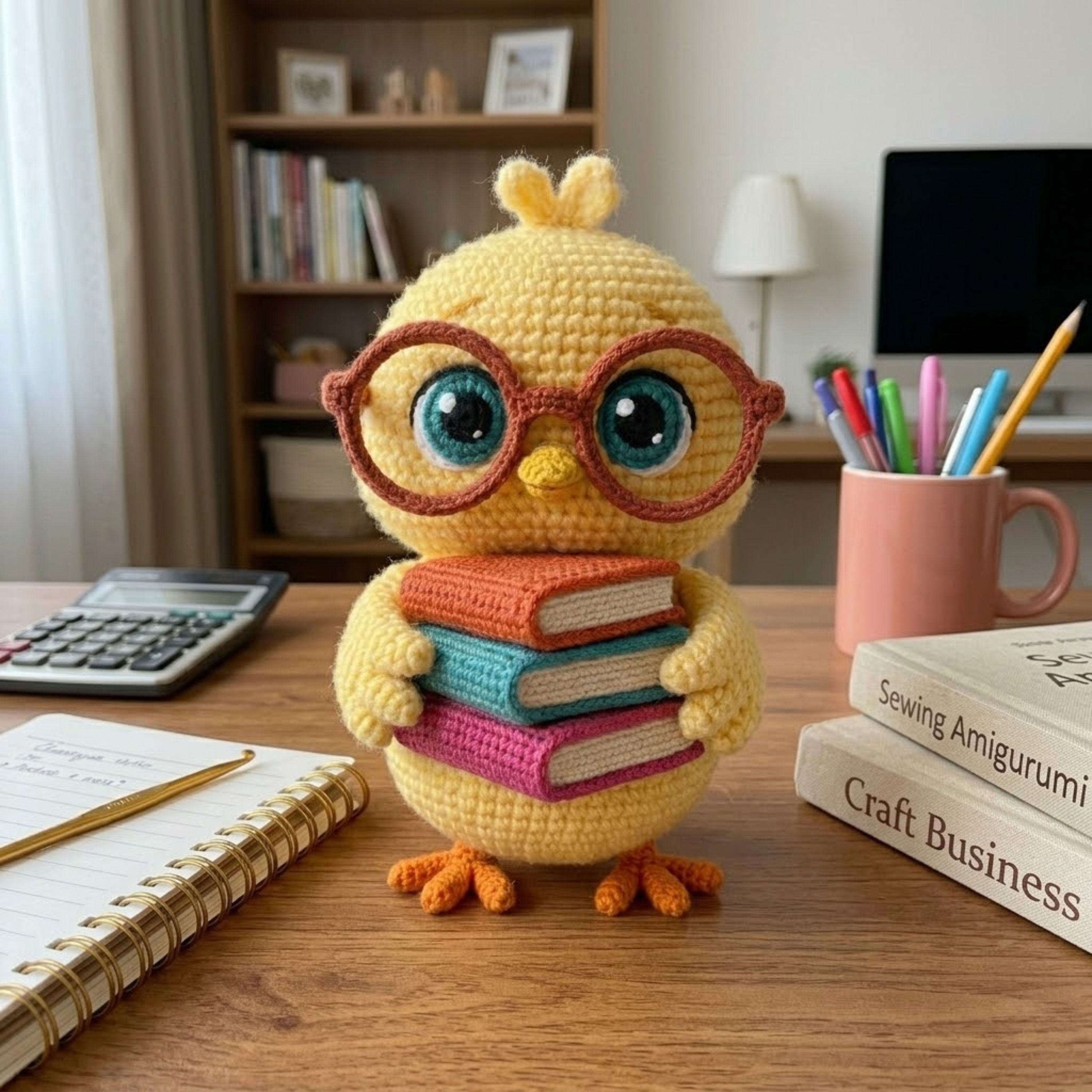 Adorably Nerdy Crochet Chick Plush with Glasses & Books - Handmade Amigurumi Bird Stuffed Toy, Perfect Book Lover Gift & Nursery Decor