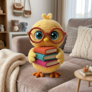 Adorably Nerdy Crochet Chick Plush with Glasses & Books - Handmade Amigurumi Bird Stuffed Toy, Perfect Book Lover Gift & Nursery Decor