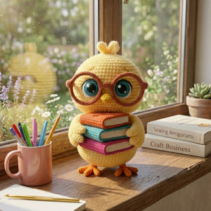 Adorably Nerdy Crochet Chick Plush with Glasses & Books - Handmade Amigurumi Bird Stuffed Toy, Perfect Book Lover Gift & Nursery Decor