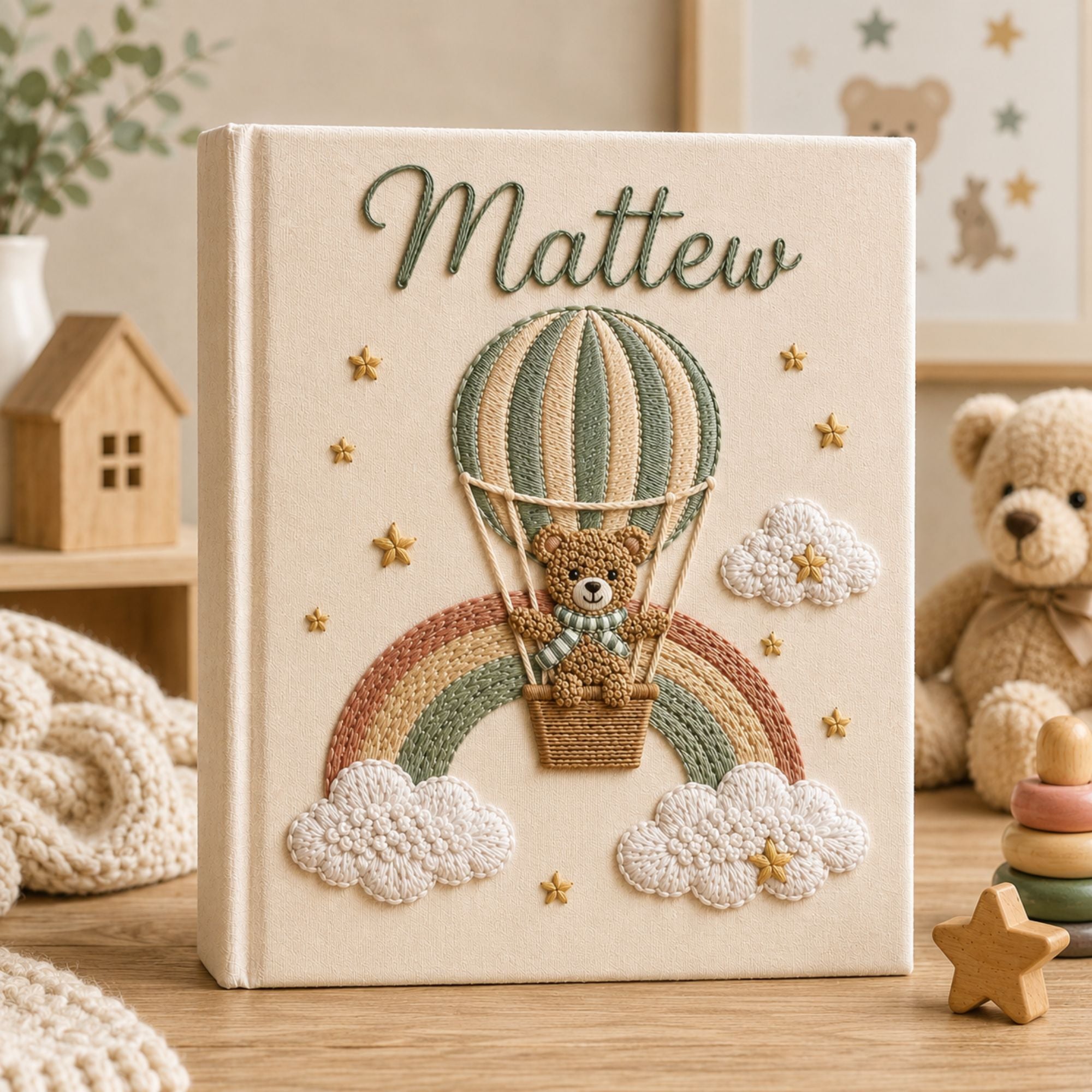 Hand Embroidered Baby Photo Album with Teddy Bear, Custom Linen Baby Memory Book, Hot Air Balloon Rainbow Nursery Album, Baby Shower Gift