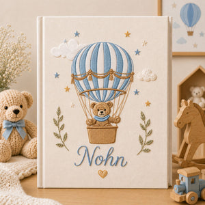 Hand Embroidered Baby Photo Album with Teddy Bear, Custom Linen Baby Memory Book, Hot Air Balloon Rainbow Nursery Album, Baby Shower Gift