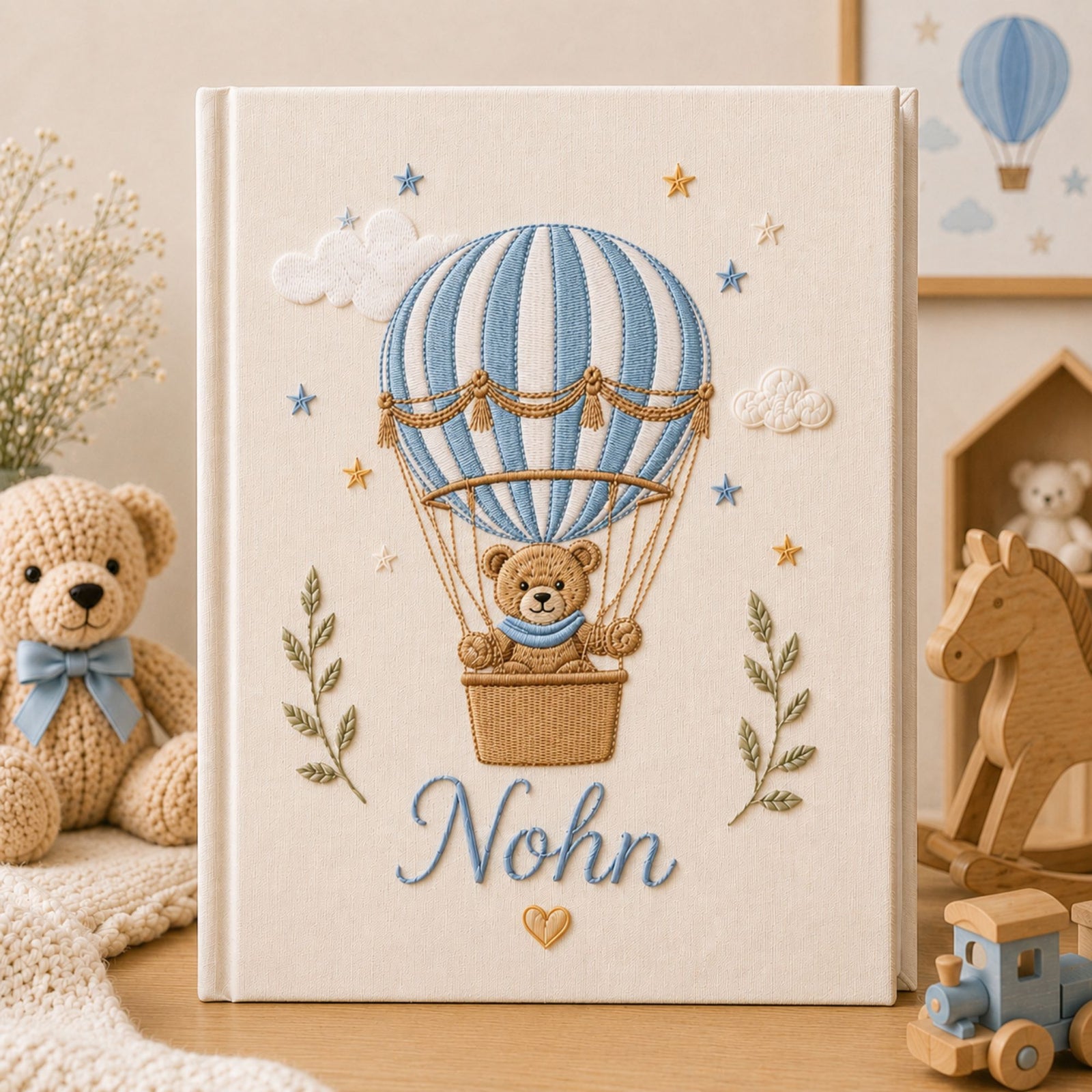 Hand Embroidered Baby Photo Album with Teddy Bear, Custom Linen Baby Memory Book, Hot Air Balloon Rainbow Nursery Album, Baby Shower Gift