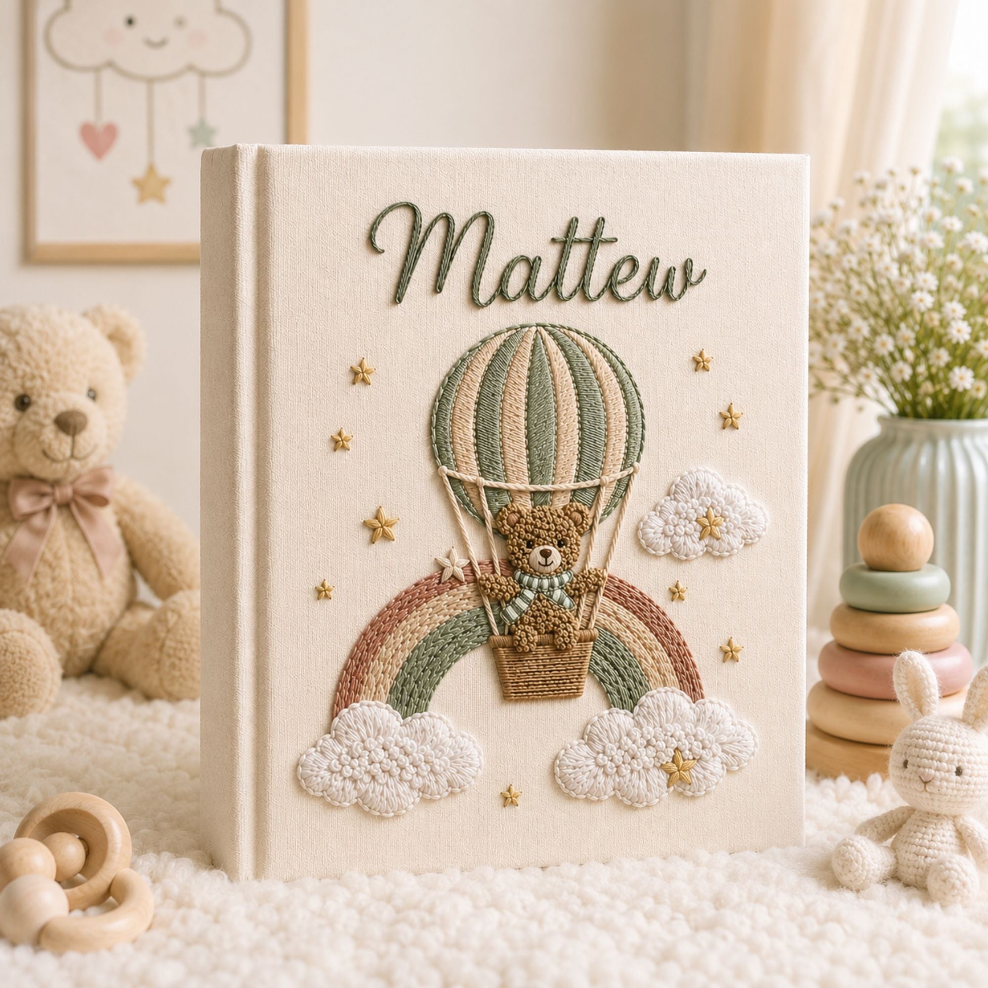 Hand Embroidered Baby Photo Album with Teddy Bear, Custom Linen Baby Memory Book, Hot Air Balloon Rainbow Nursery Album, Baby Shower Gift