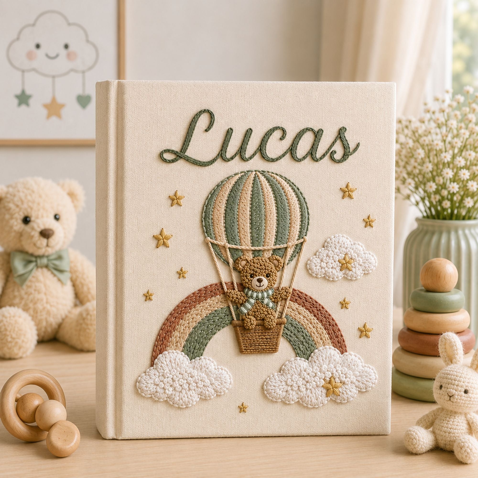 Hand Embroidered Baby Photo Album with Teddy Bear, Custom Linen Baby Memory Book, Hot Air Balloon Rainbow Nursery Album, Baby Shower Gift