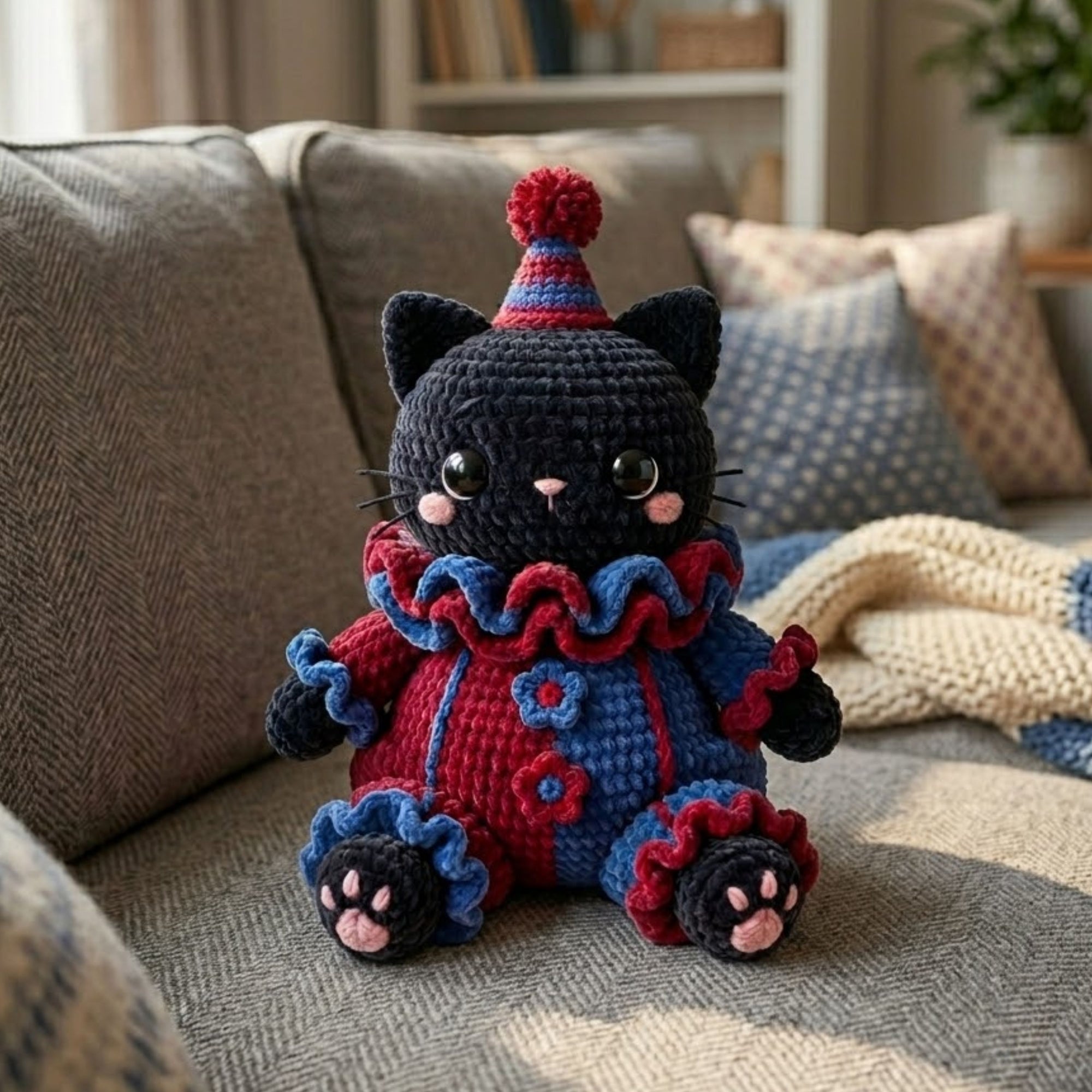 Cute Crochet Clown Cat Plush - Handmade Velvet Amigurumi Black Kitten in Circus Costume, Unique Birthday Gift & Quirky Room Decor