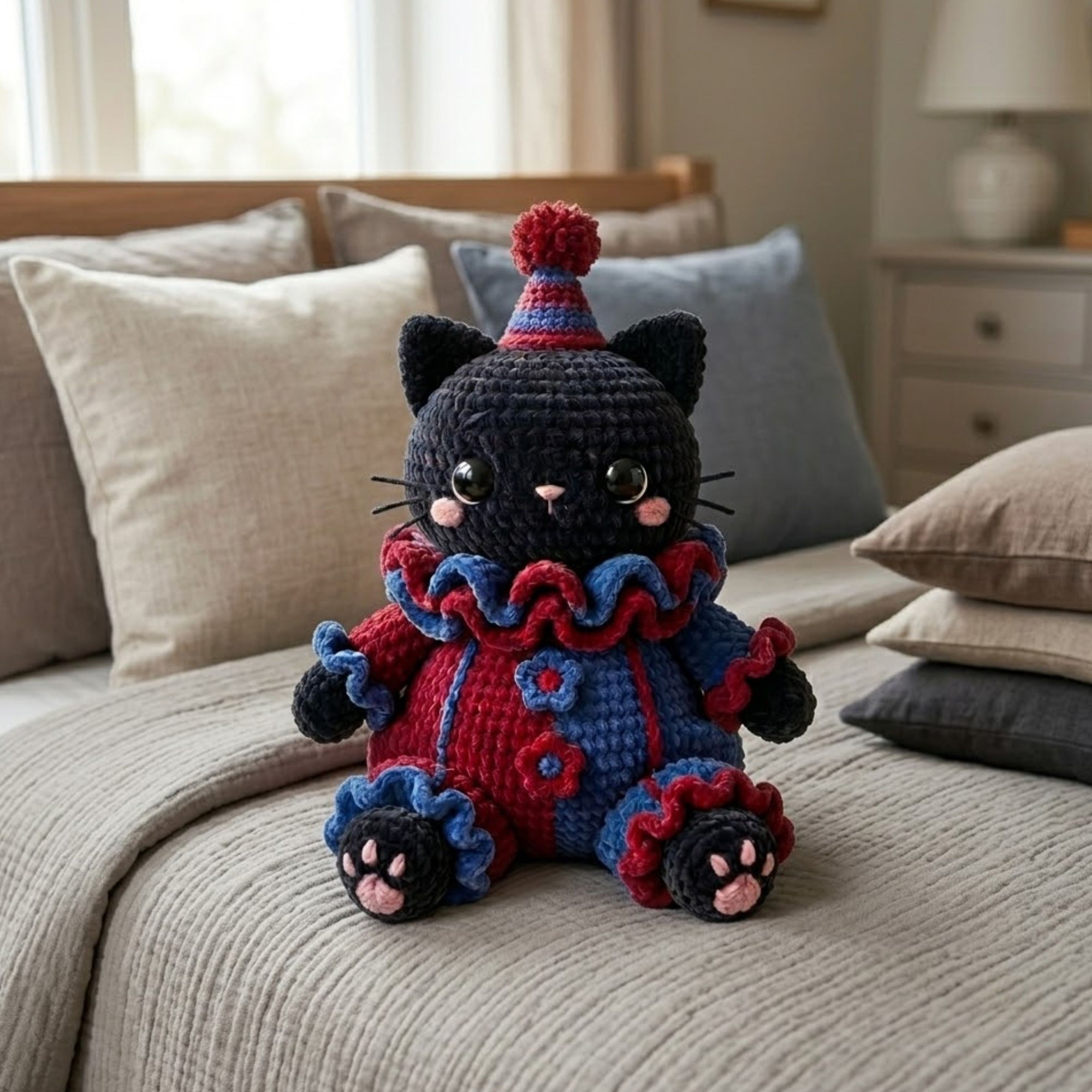 Cute Crochet Clown Cat Plush - Handmade Velvet Amigurumi Black Kitten in Circus Costume, Unique Birthday Gift & Quirky Room Decor