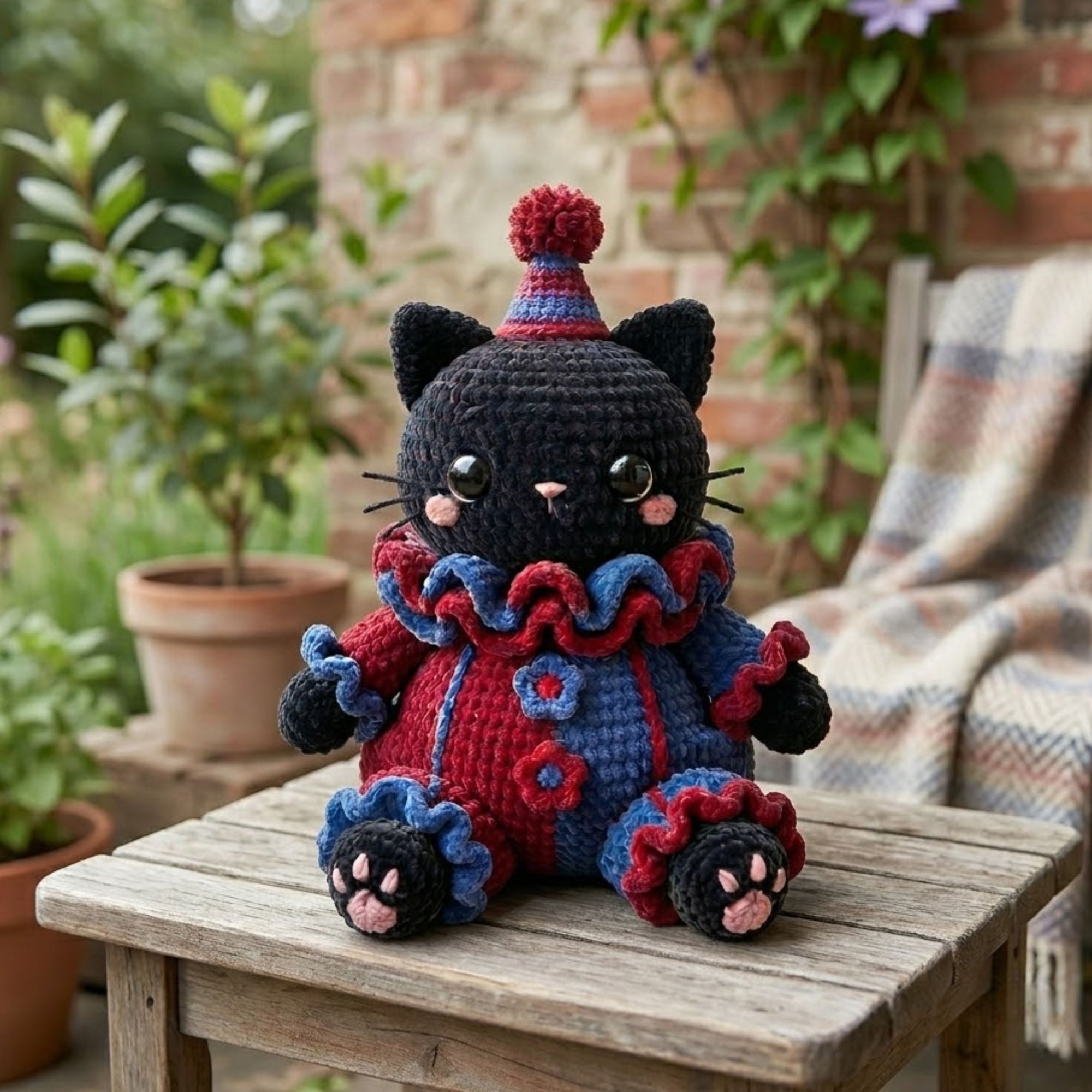 Cute Crochet Clown Cat Plush - Handmade Velvet Amigurumi Black Kitten in Circus Costume, Unique Birthday Gift & Quirky Room Decor