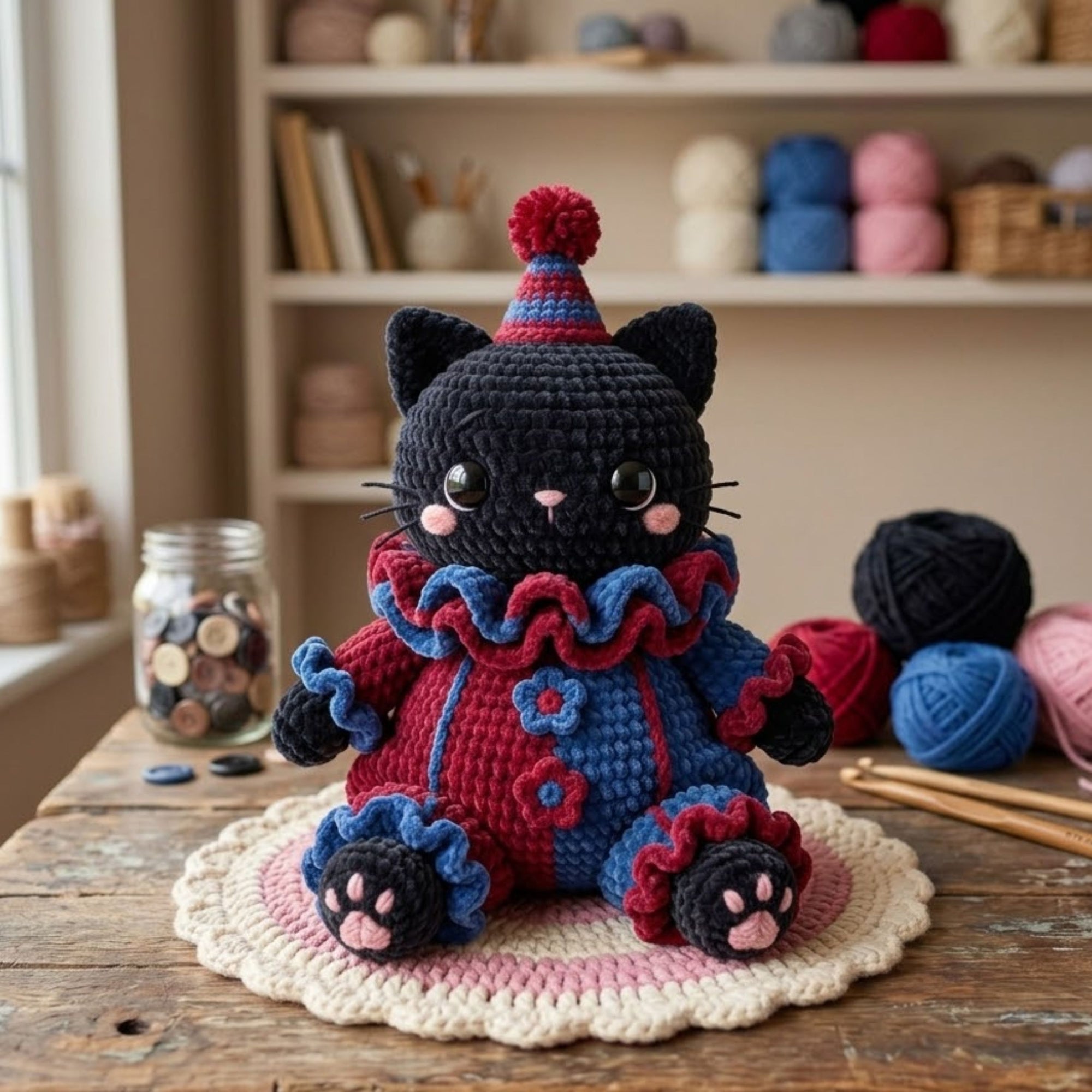 Cute Crochet Clown Cat Plush - Handmade Velvet Amigurumi Black Kitten in Circus Costume, Unique Birthday Gift & Quirky Room Decor
