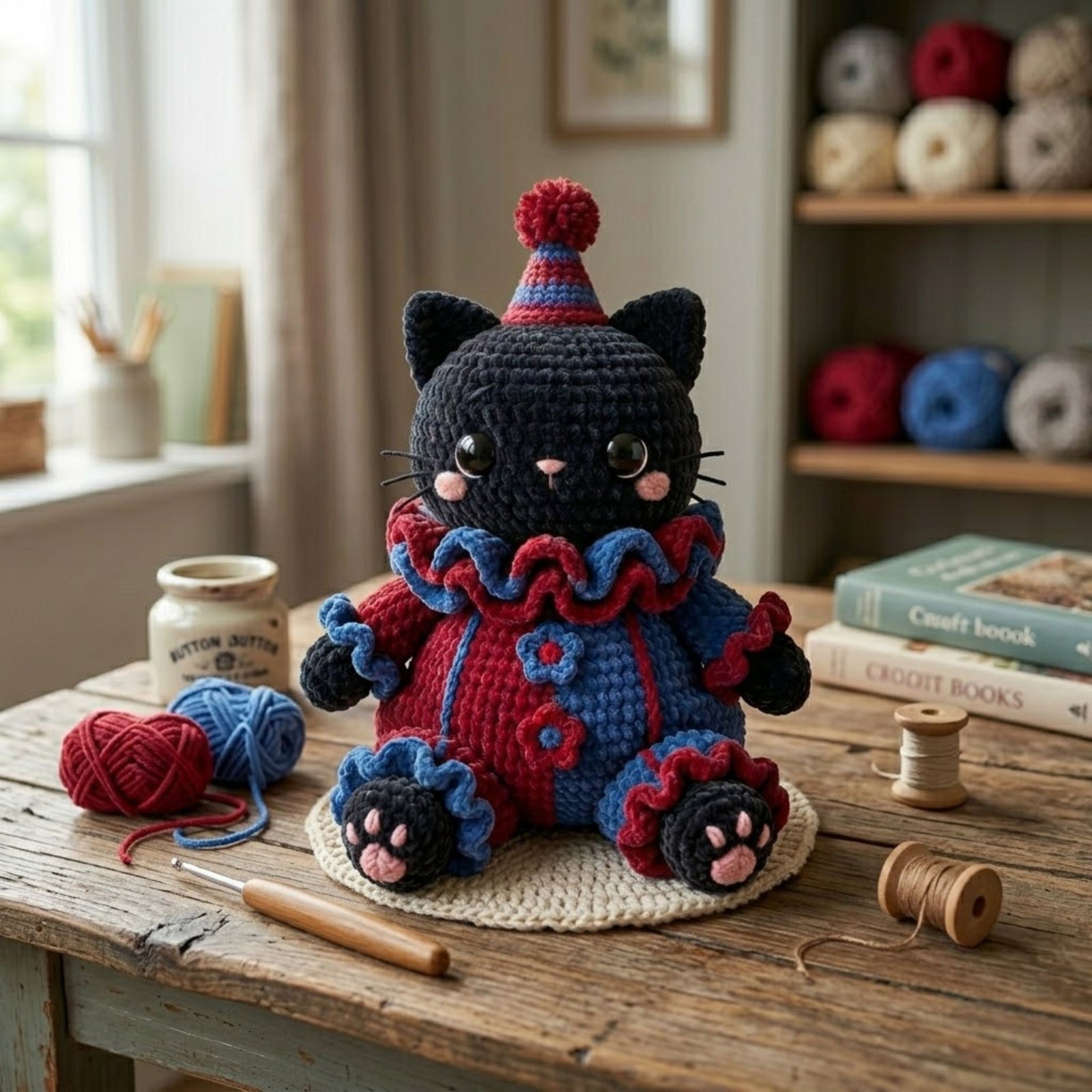 Cute Crochet Clown Cat Plush - Handmade Velvet Amigurumi Black Kitten in Circus Costume, Unique Birthday Gift & Quirky Room Decor