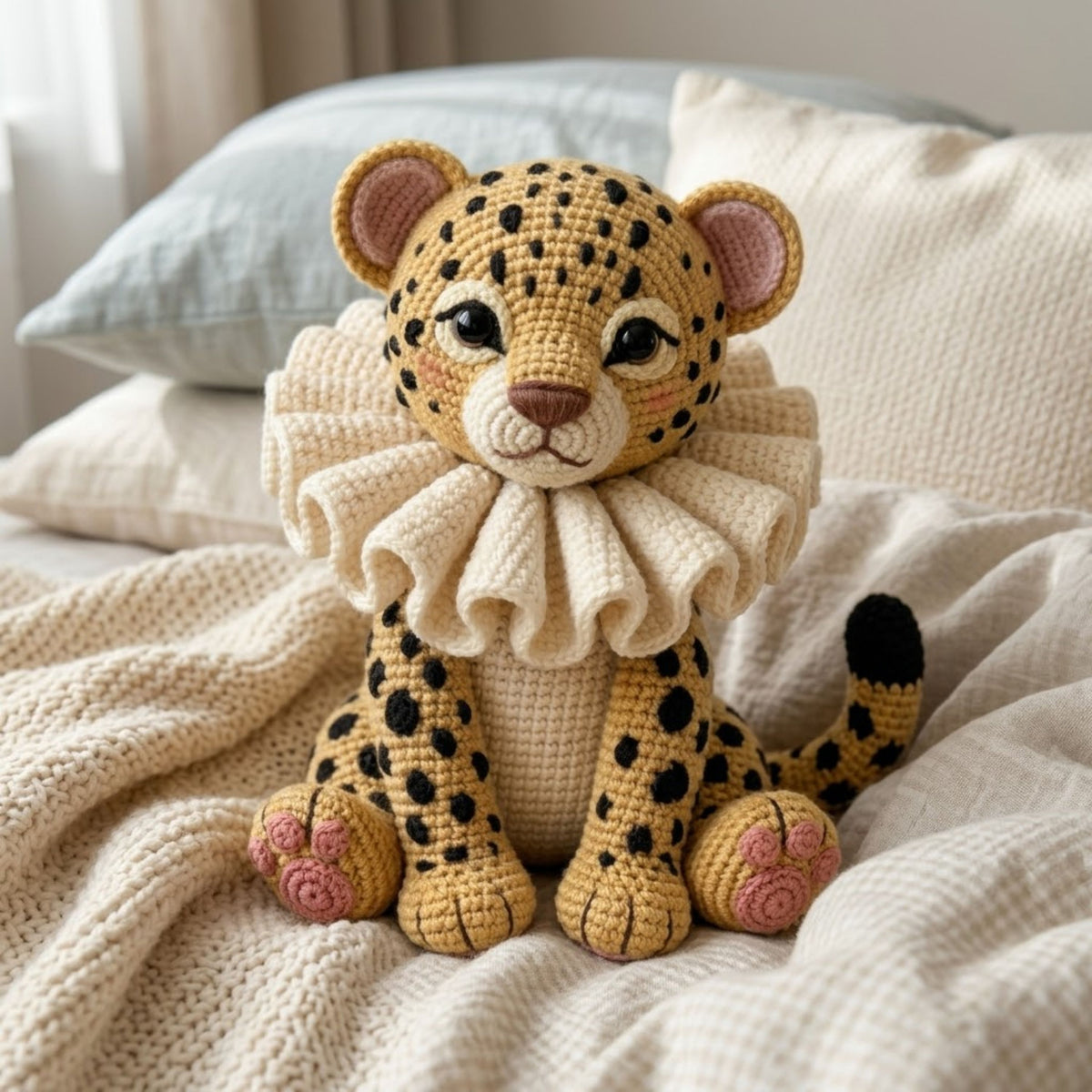 Crochet Leopard Cub Plush, Handmade Amigurumi Cheetah Doll with Ruffle Collar, Cute Safari Nursery Decor Gift for Kids Collectors Toy Decor
