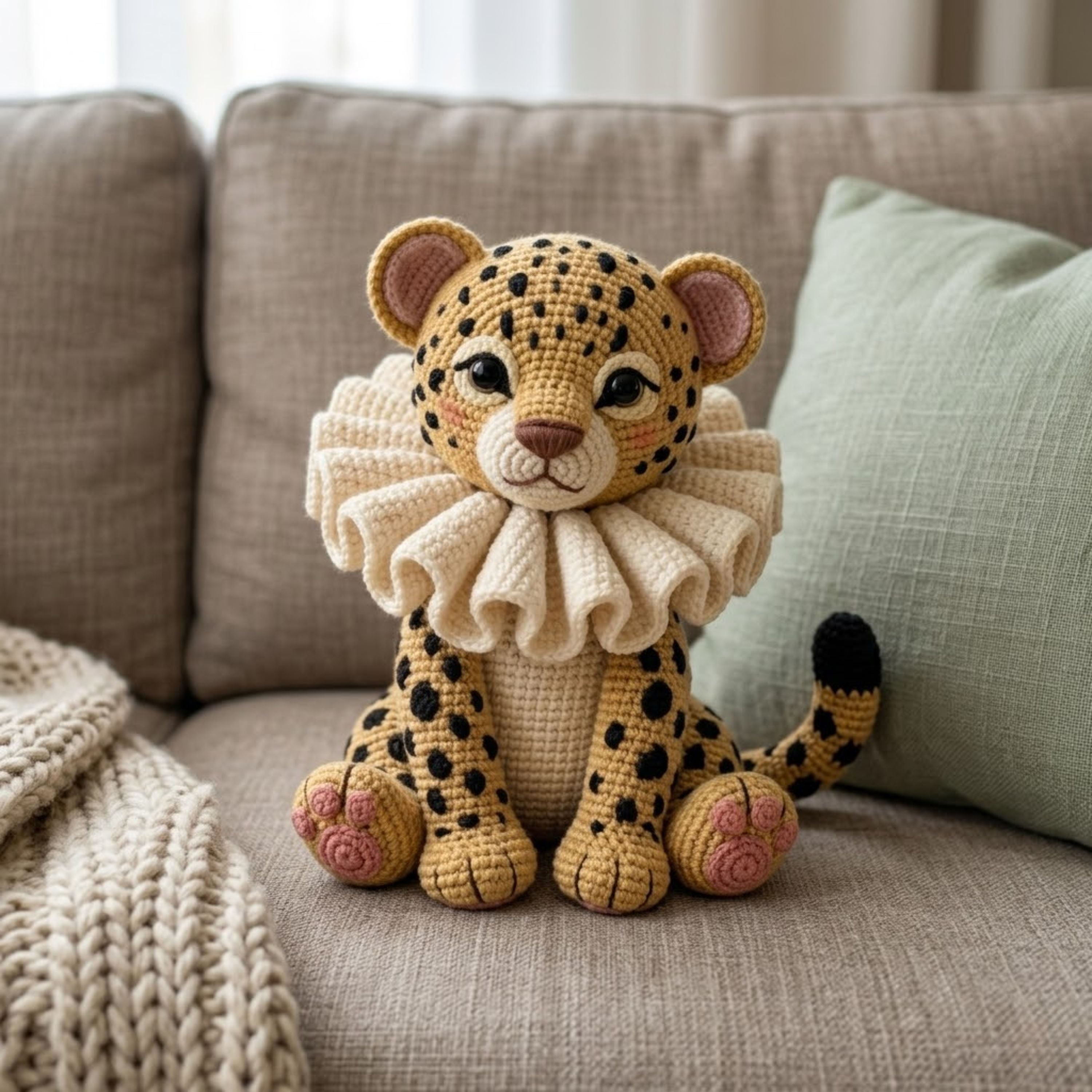 Crochet Leopard Cub Plush, Handmade Amigurumi Cheetah Doll with Ruffle Collar, Cute Safari Nursery Decor Gift for Kids Collectors Toy Decor